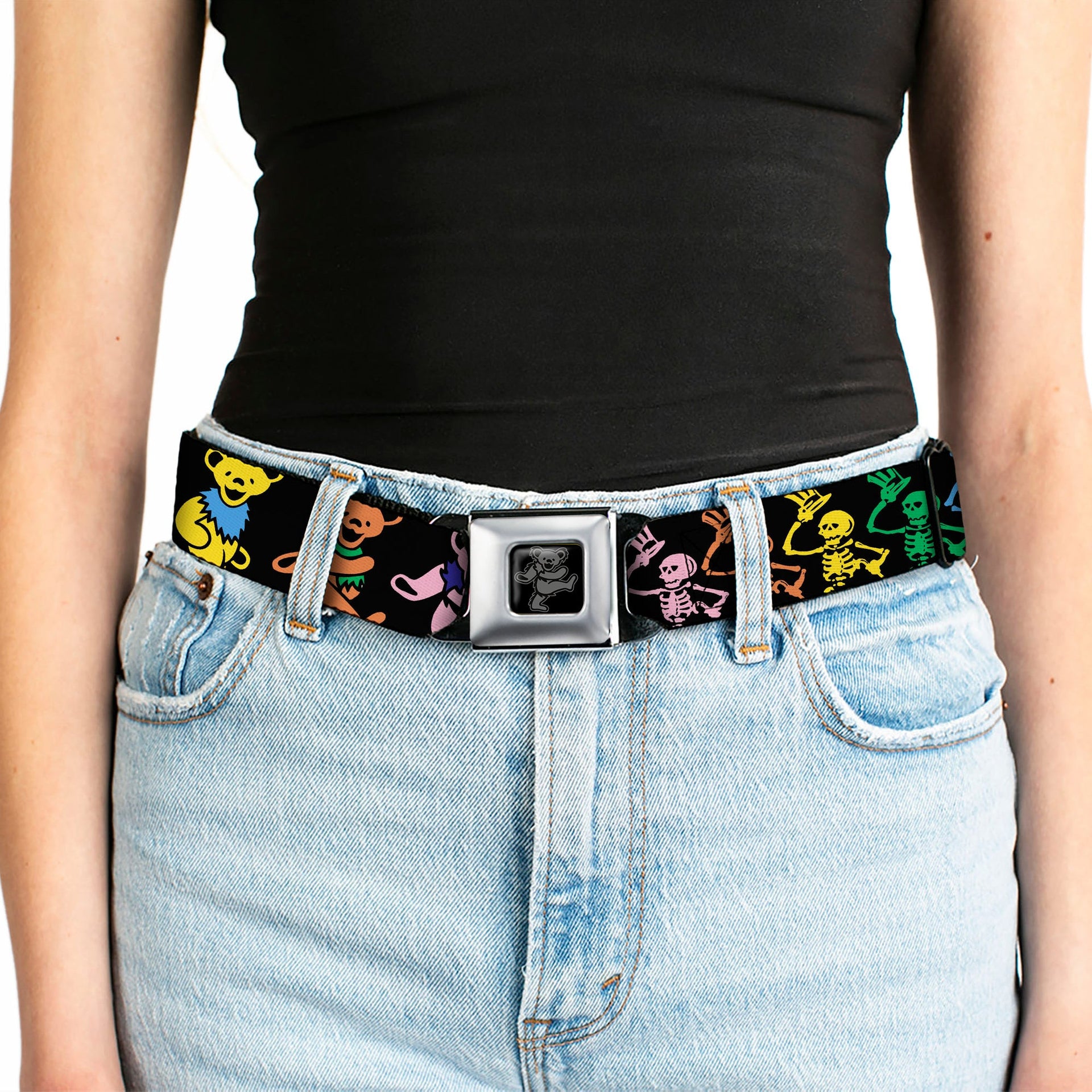 Grateful Dead Seatbelt Belt | Rainbow Script Text with Dancing Bears + Skeletons