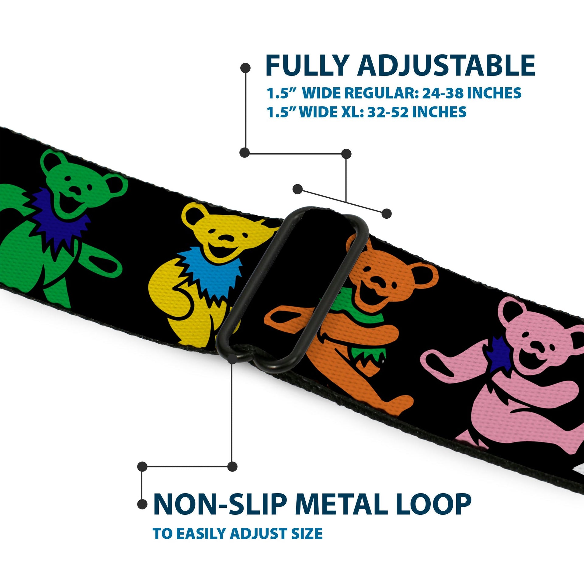 Grateful Dead Seatbelt Belt | Rainbow Script Text with Dancing Bears + Skeletons