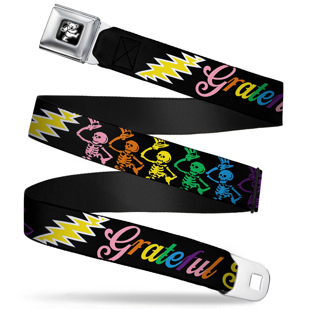 Grateful Dead Seatbelt Belt | Rainbow Script Text with Dancing Bears + Skeletons