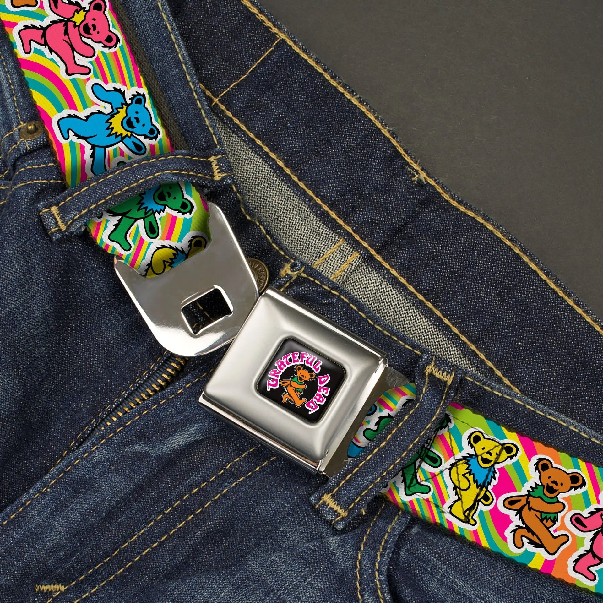 Grateful Dead Seatbelt Belt | Rainbow Tie Dye Swirl Dancing Bears - Back