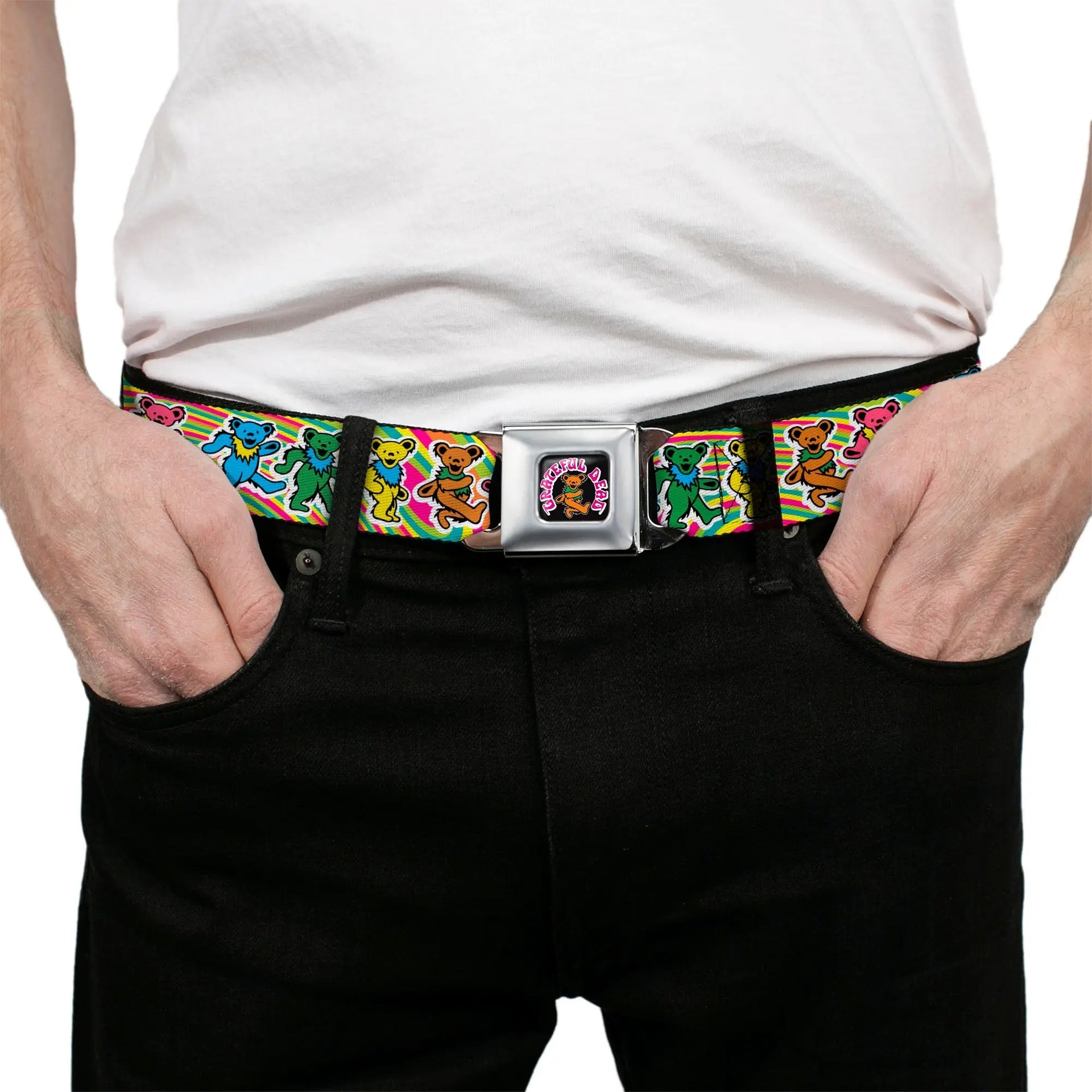 Grateful Dead Seatbelt Belt | Rainbow Tie Dye Swirl Dancing Bears - Detail