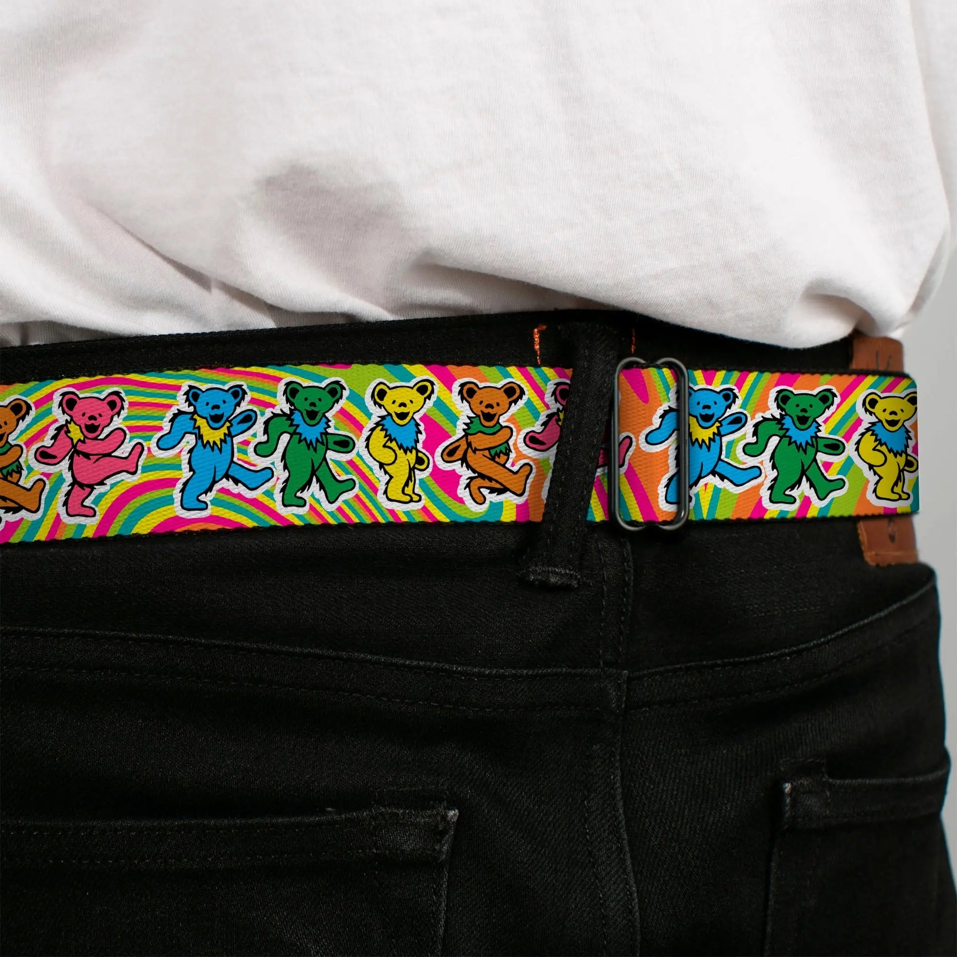 Grateful Dead Seatbelt Belt | Rainbow Tie Dye Swirl Dancing Bears - Alternate View