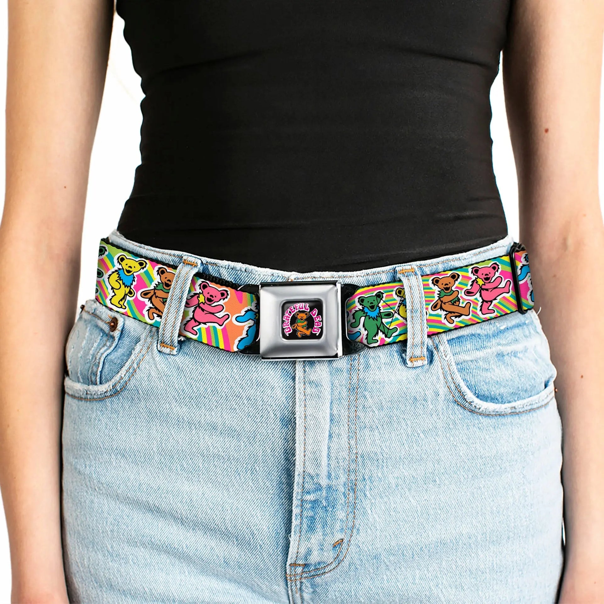 Grateful Dead Seatbelt Belt | Rainbow Tie Dye Swirl Dancing Bears - Close-Up