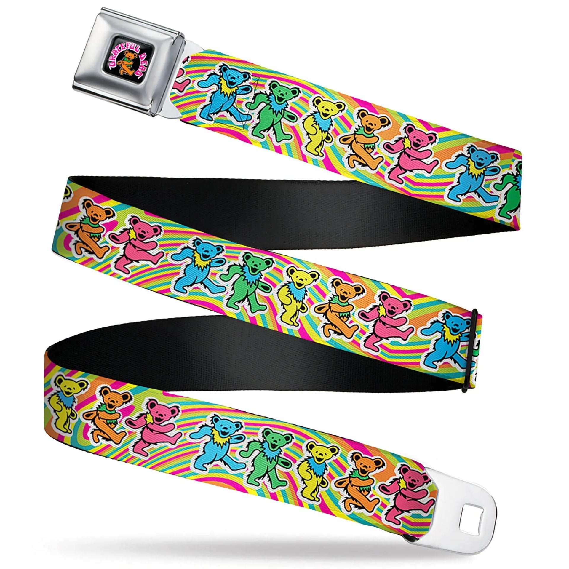 Grateful Dead Seatbelt Belt | Rainbow Tie Dye Swirl Dancing Bears - Front