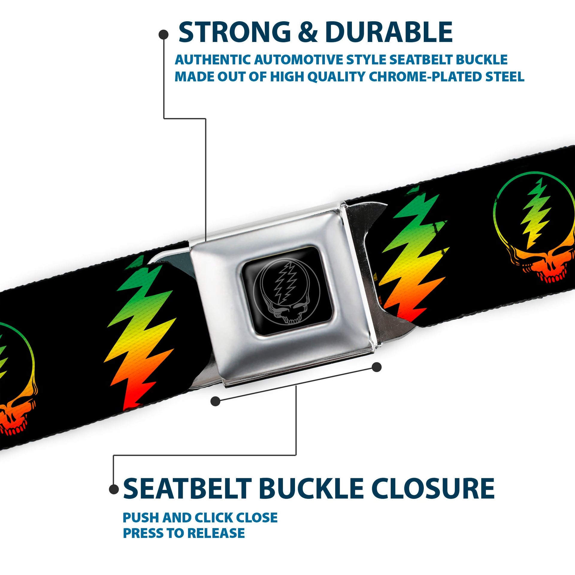 Grateful Dead Seatbelt Belt | Rasta Steal Your Face & Lightning Bolts