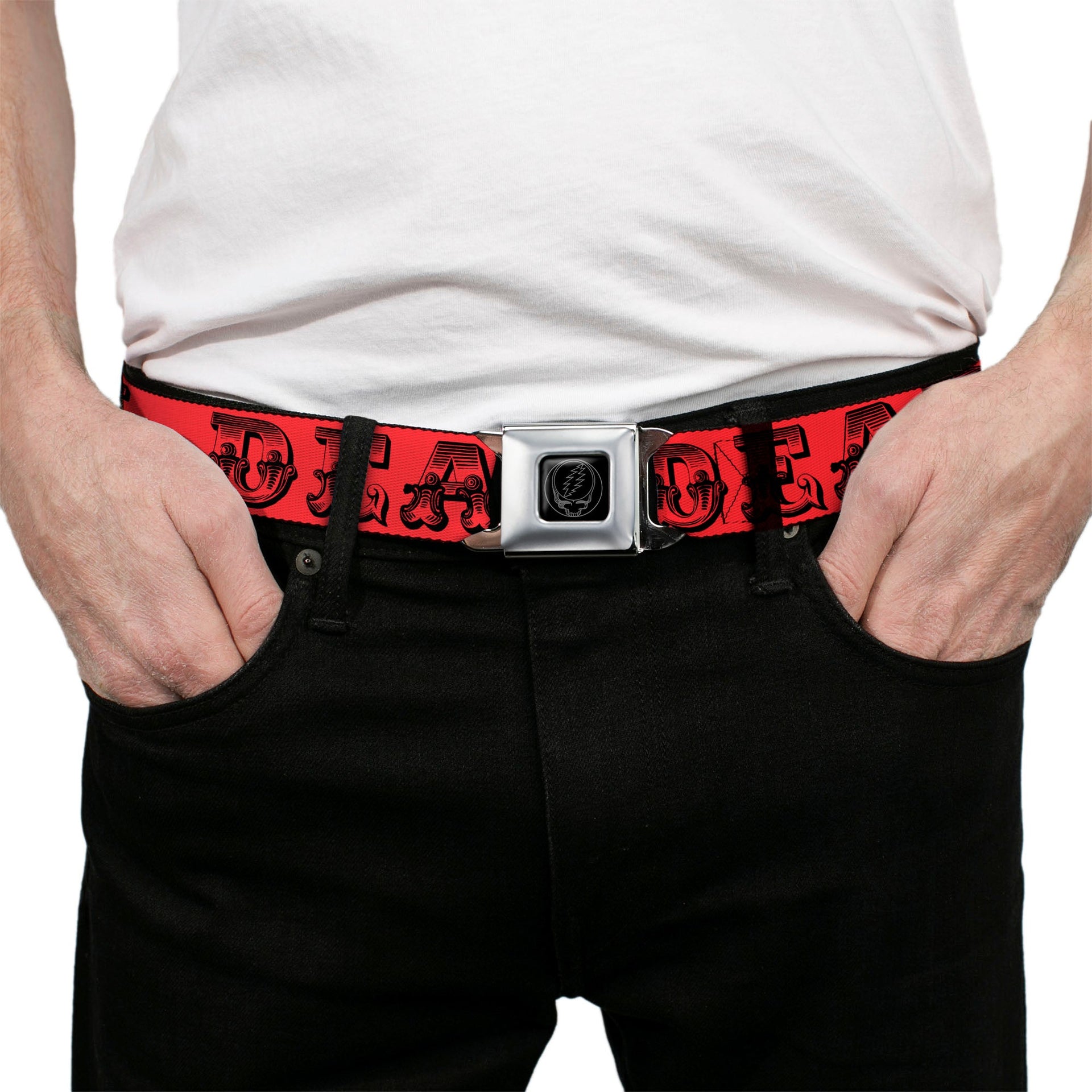 Grateful Dead Seatbelt Belt | Red/Black Text + Skull & Roses