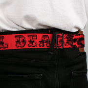Grateful Dead Seatbelt Belt | Red/Black Text + Skull & Roses