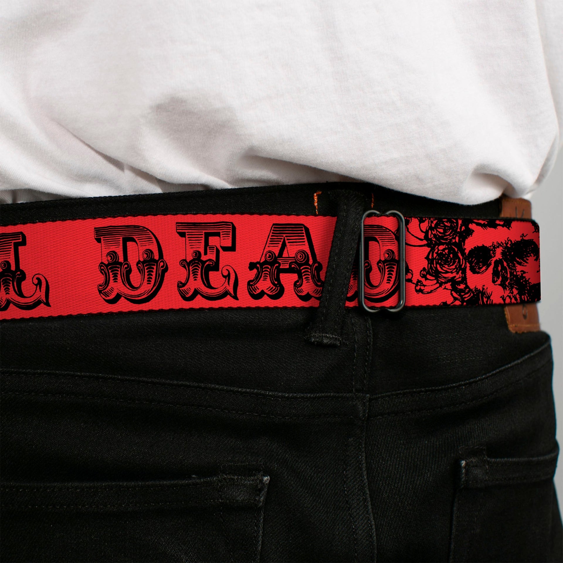 Grateful Dead Seatbelt Belt | Red/Black Text + Skull & Roses
