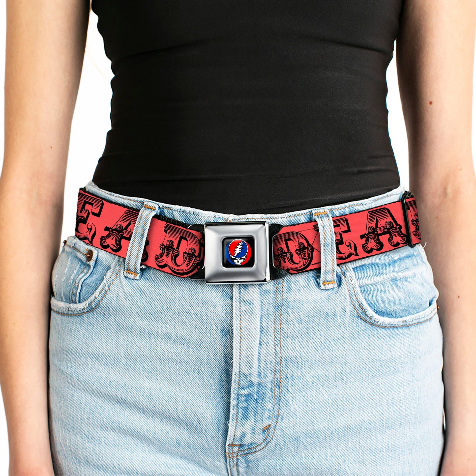 Grateful Dead Seatbelt Belt | Red/Black Text + Skull & Roses