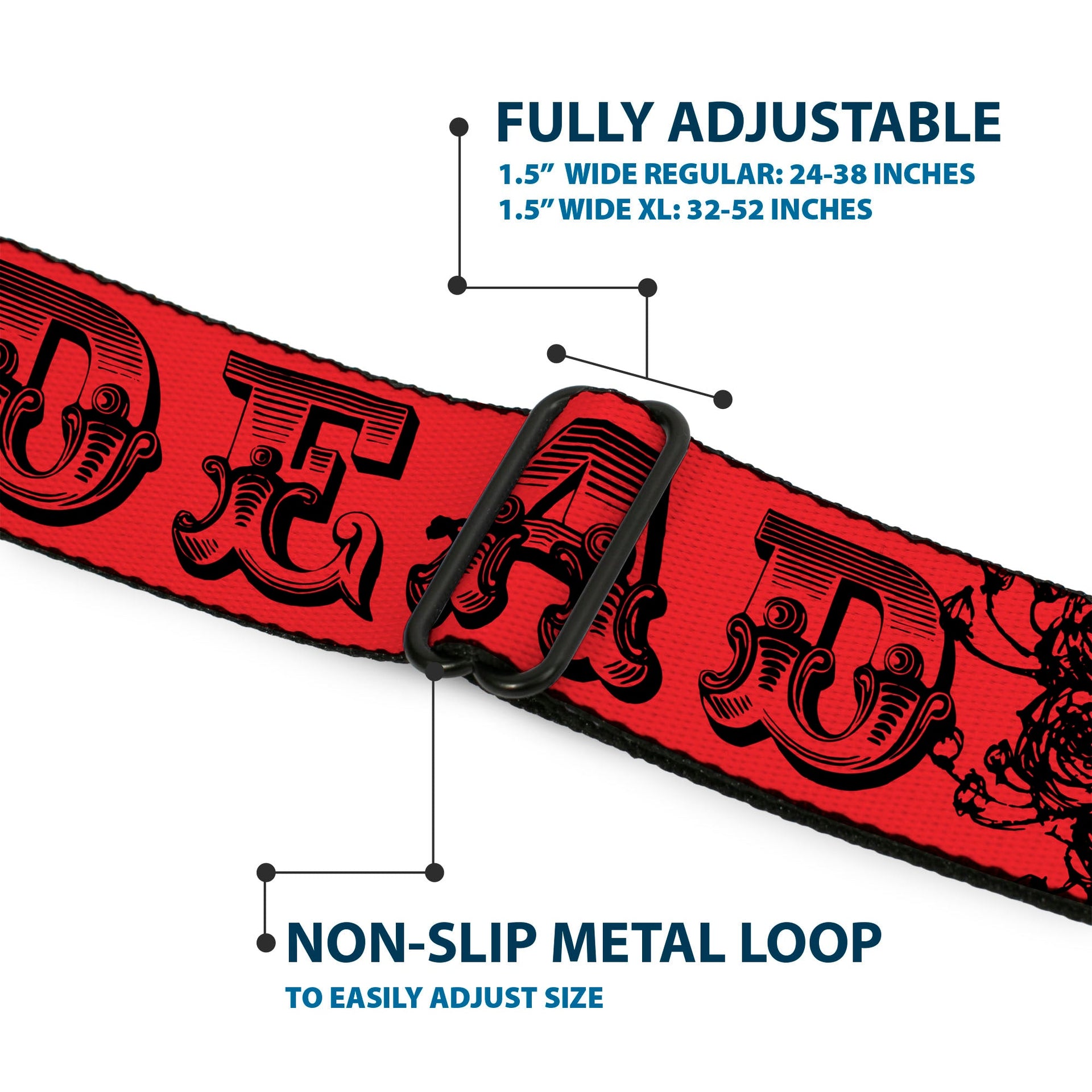 Grateful Dead Seatbelt Belt | Red/Black Text + Skull & Roses