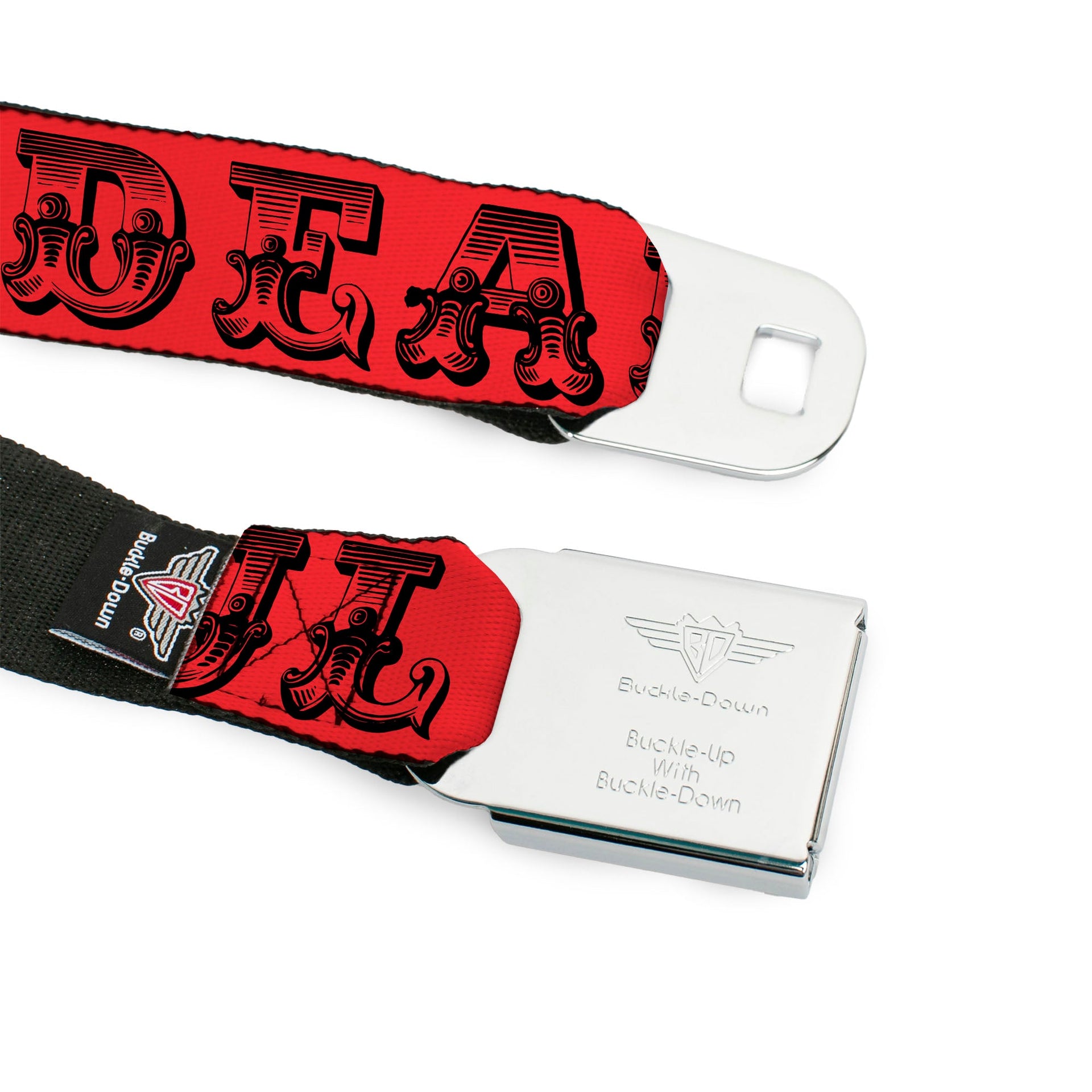 Grateful Dead Seatbelt Belt | Red/Black Text + Skull & Roses