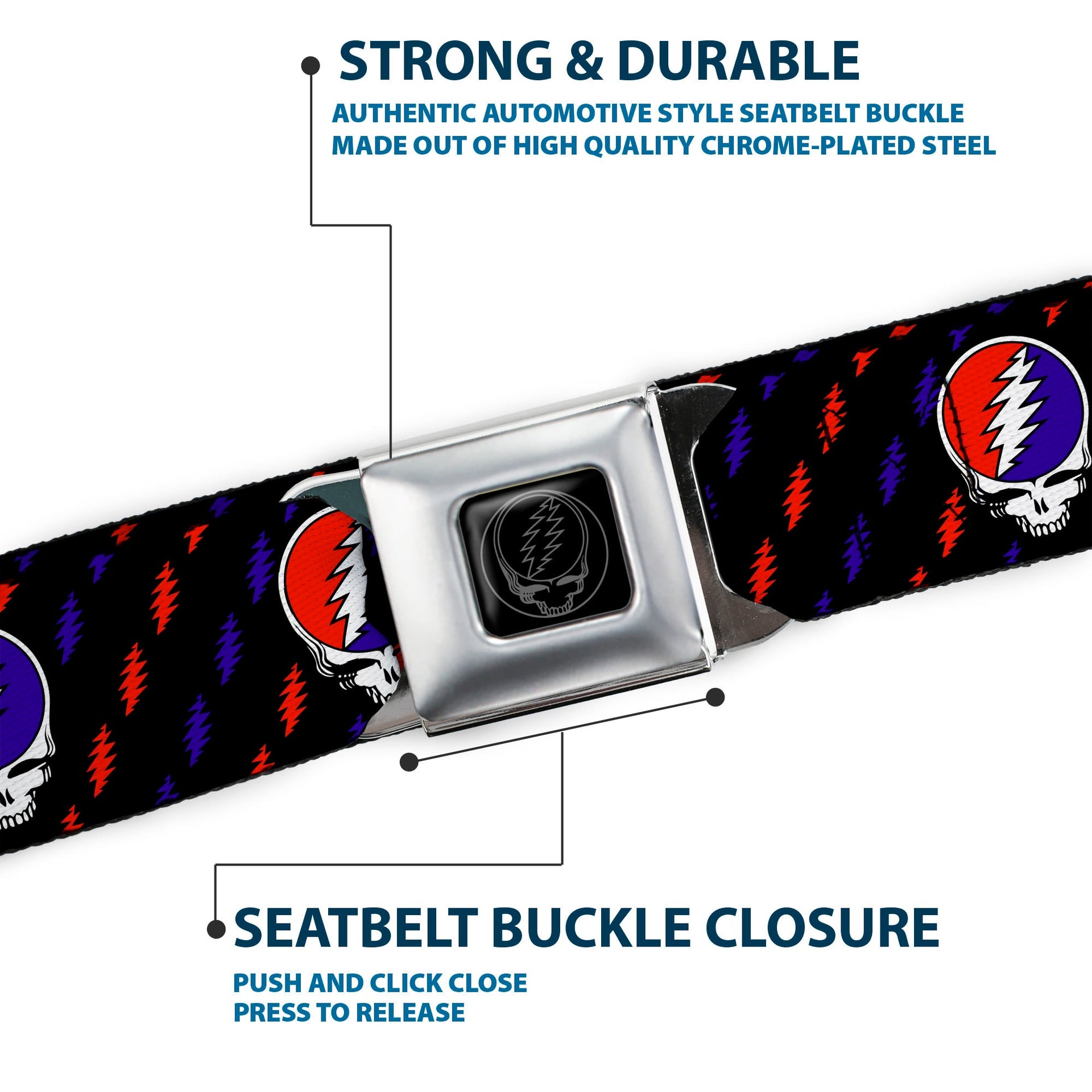 Grateful Dead Seatbelt Belt | Steal Your Face + Lightning Bolt