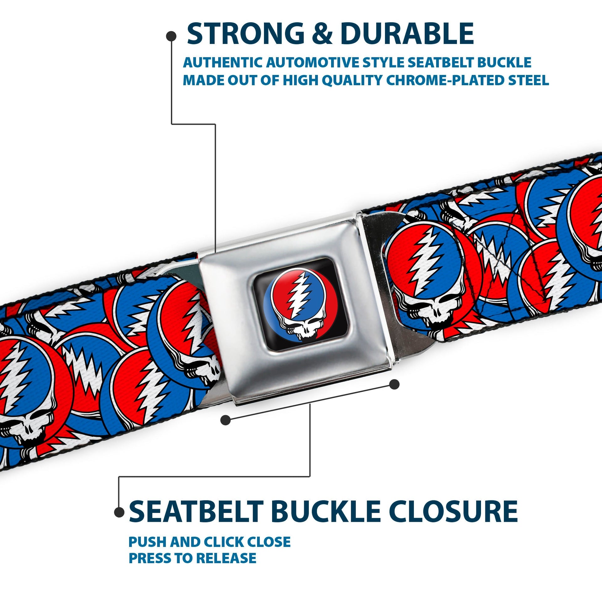 Grateful Dead Seatbelt Belt | Steal Your Face Stacked (Classic Blue)