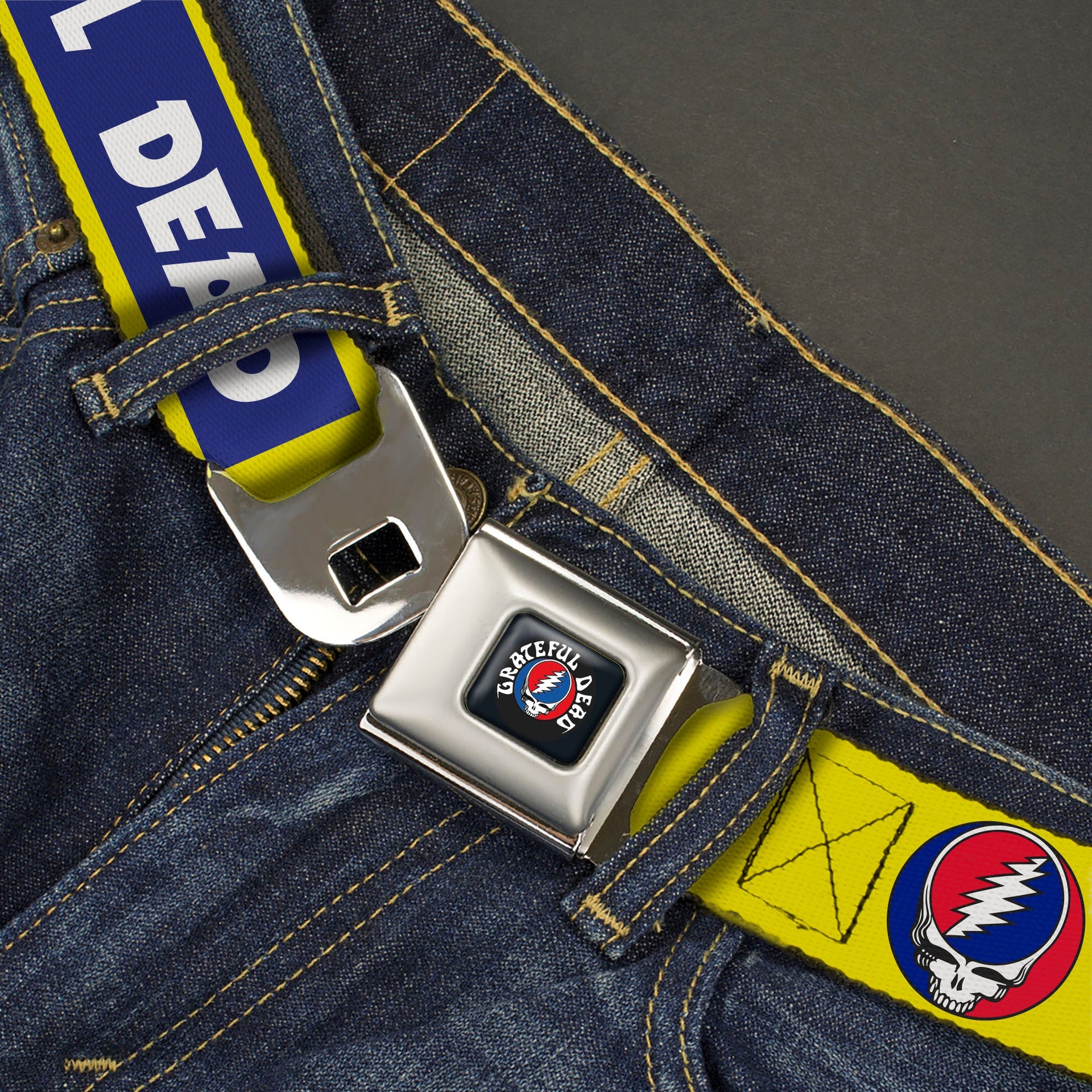 Grateful Dead Seatbelt Belt | Yellow Text + Steal Your Face