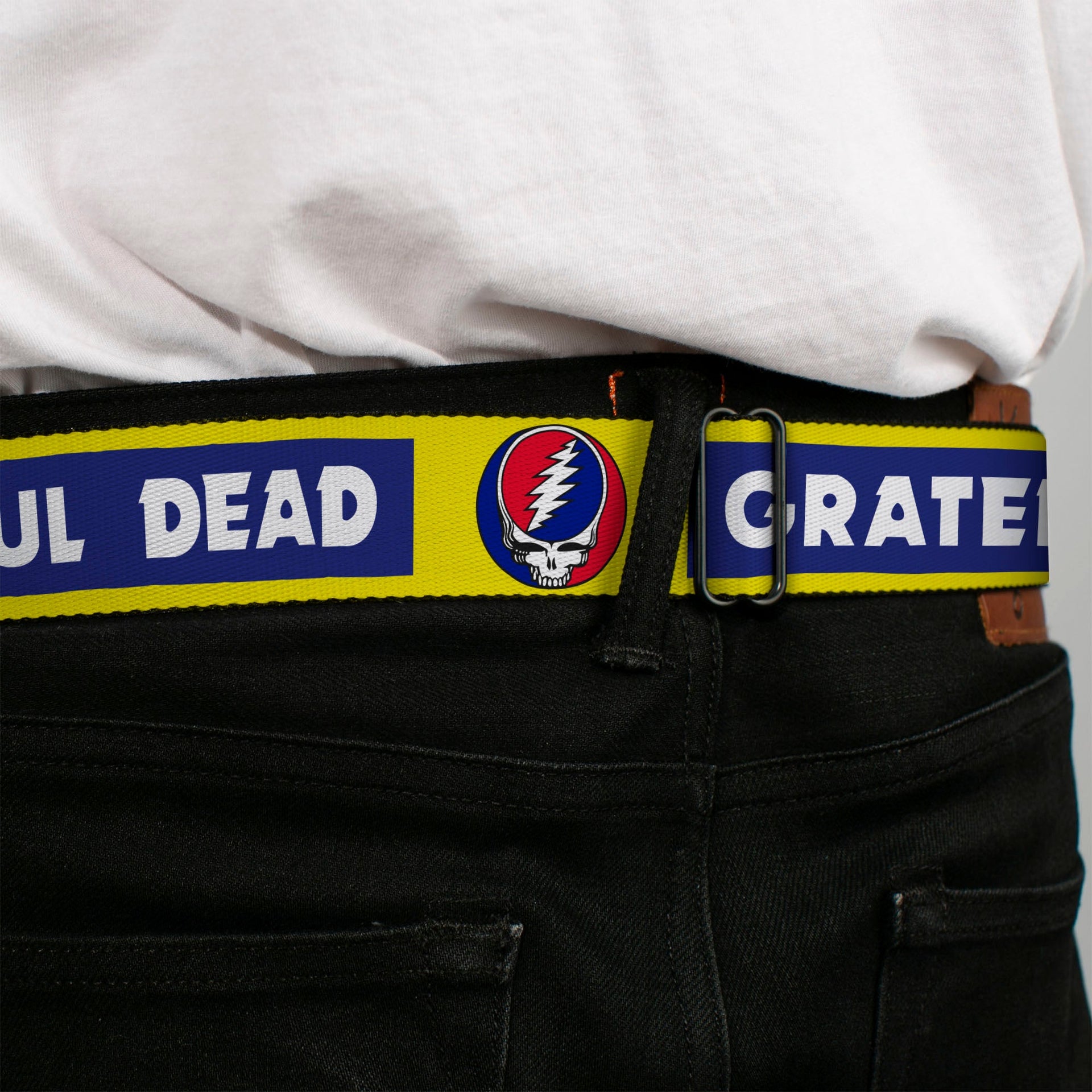 Grateful Dead Seatbelt Belt | Yellow Text + Steal Your Face