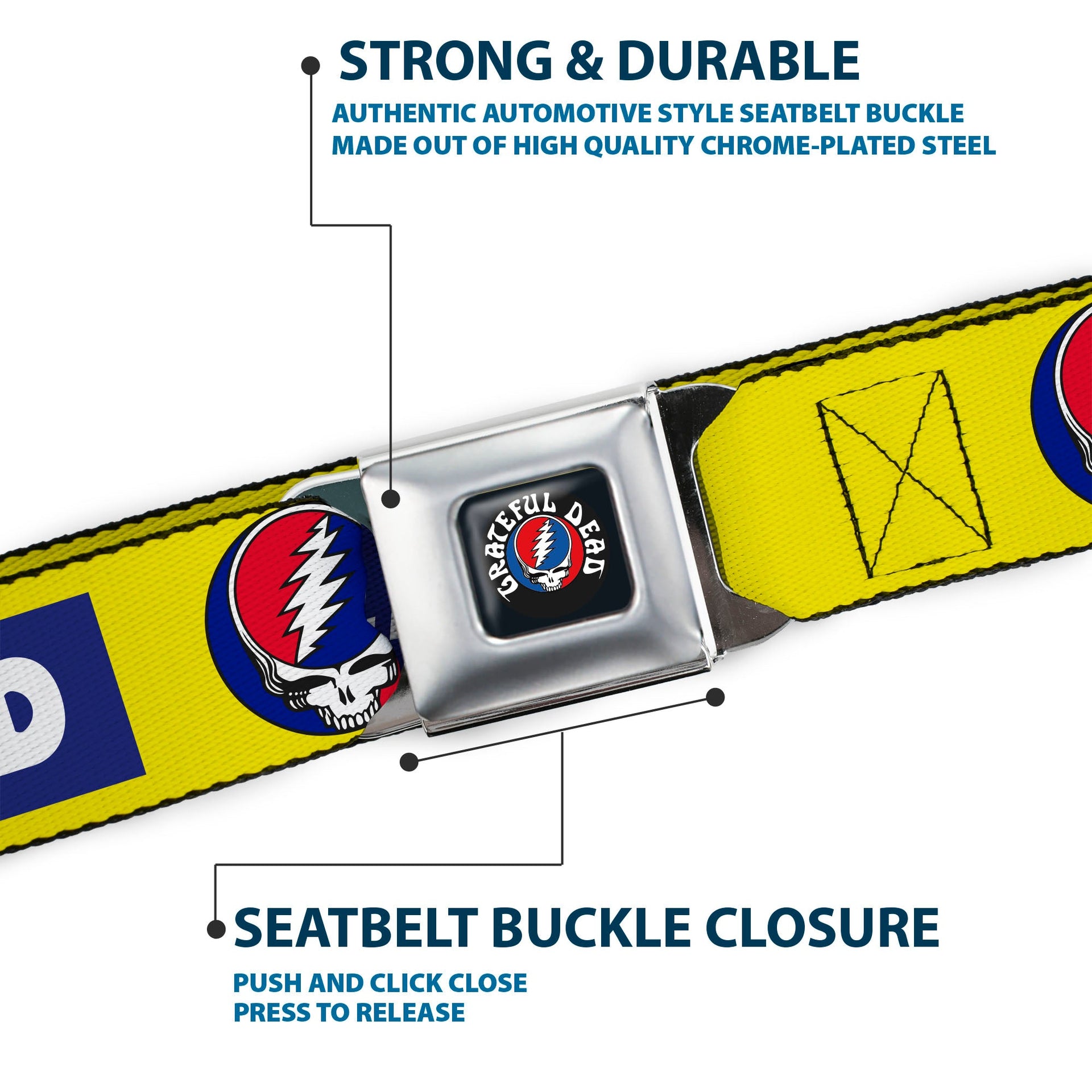 Grateful Dead Seatbelt Belt | Yellow Text + Steal Your Face