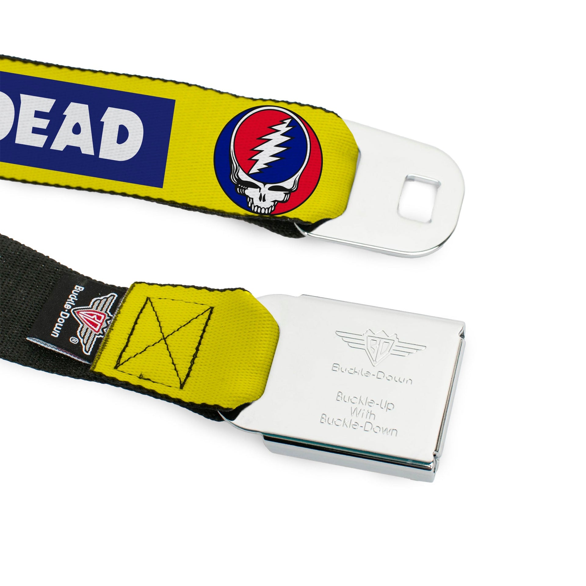 Grateful Dead Seatbelt Belt | Yellow Text + Steal Your Face