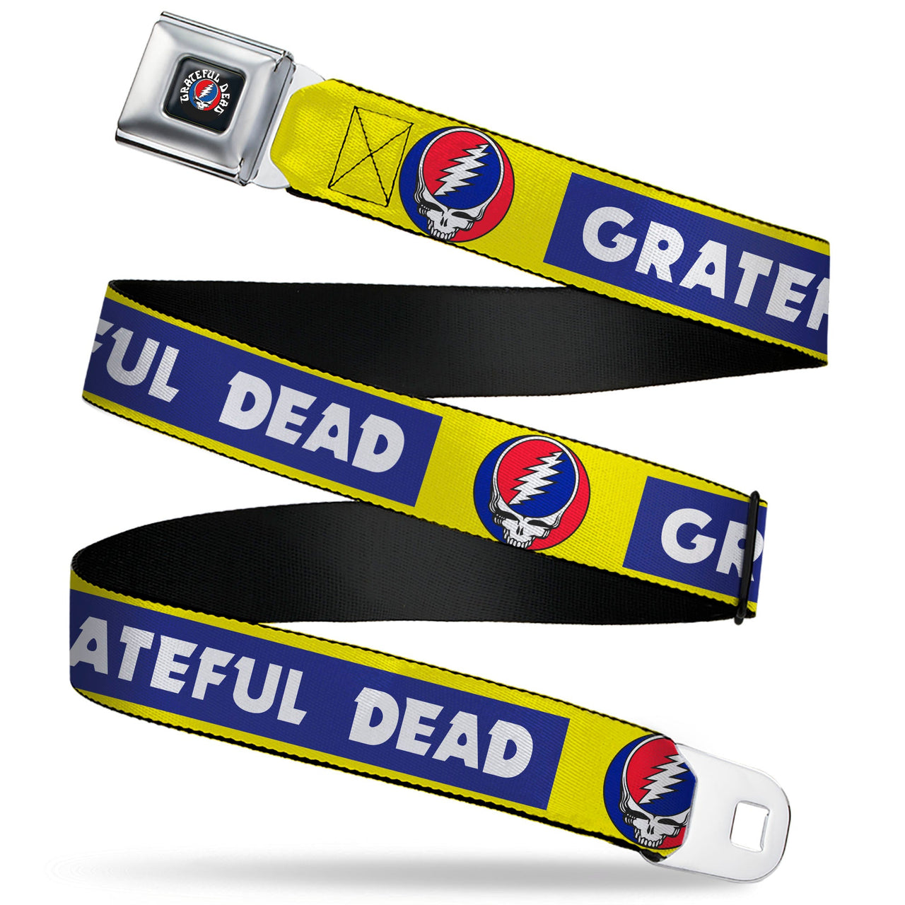 Grateful Dead Seatbelt Belt | Yellow Text + Steal Your Face