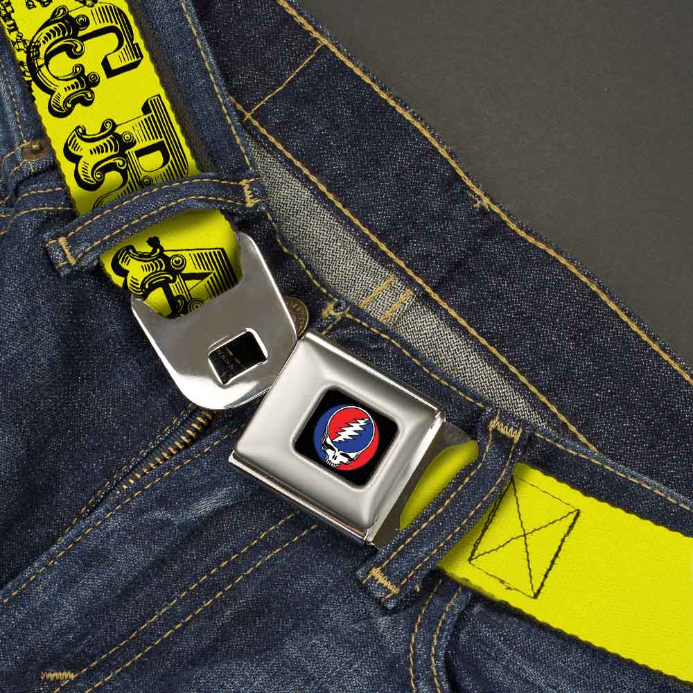 Grateful Dead Seatbelt Belt | Yellow/Black Text + Skull & Roses
