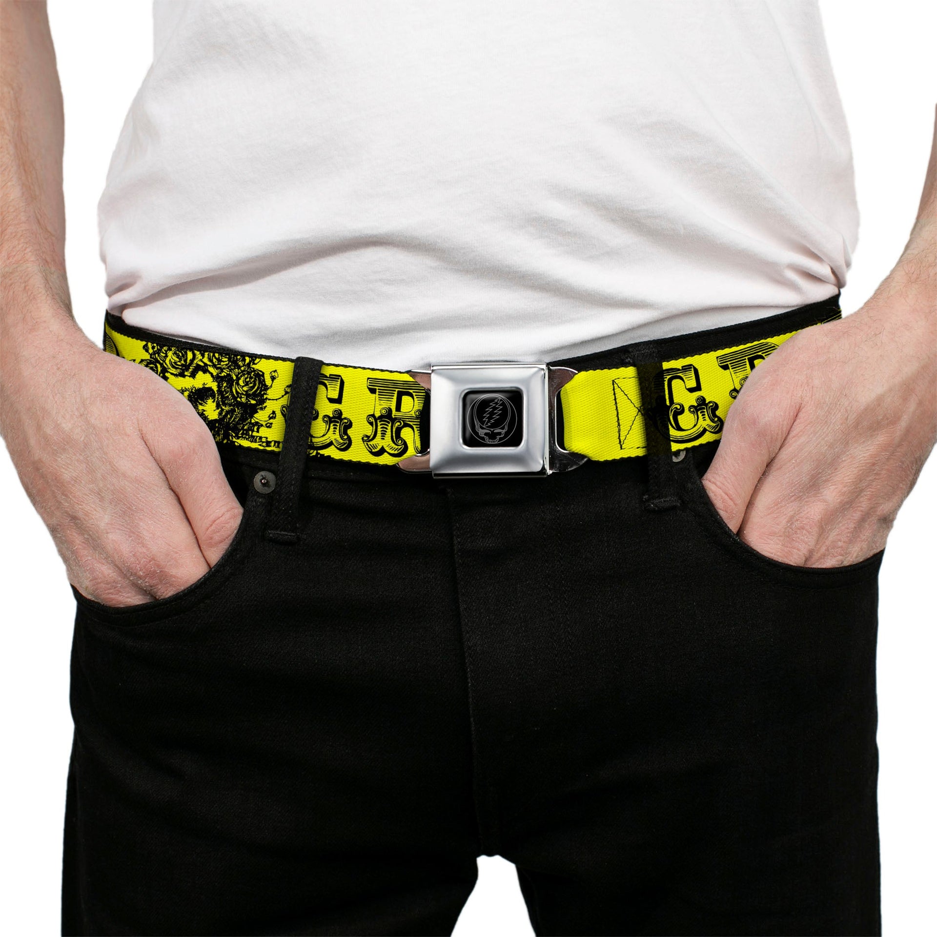 Grateful Dead Seatbelt Belt | Yellow/Black Text + Skull & Roses