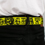 Grateful Dead Seatbelt Belt | Yellow/Black Text + Skull & Roses