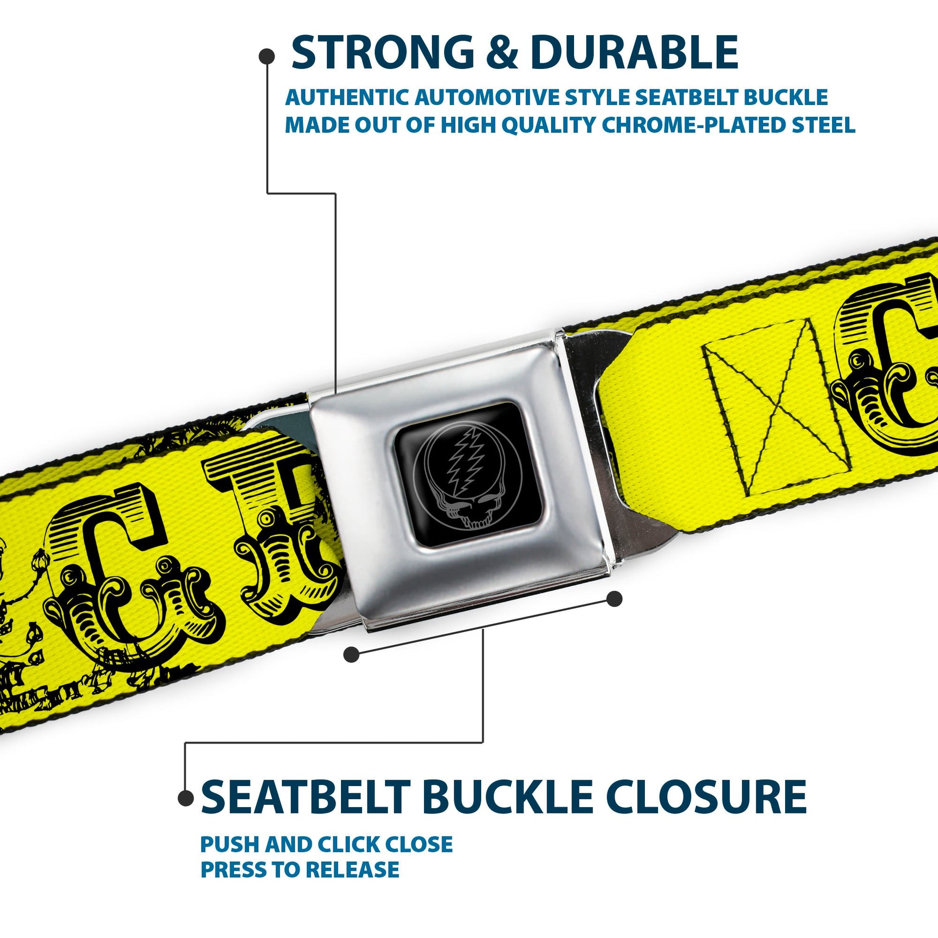 Grateful Dead Seatbelt Belt | Yellow/Black Text + Skull & Roses