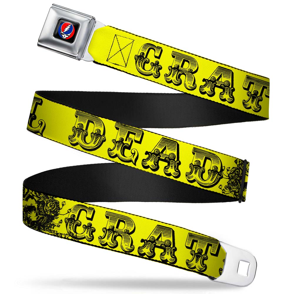 Grateful Dead Seatbelt Belt | Yellow/Black Text + Skull & Roses