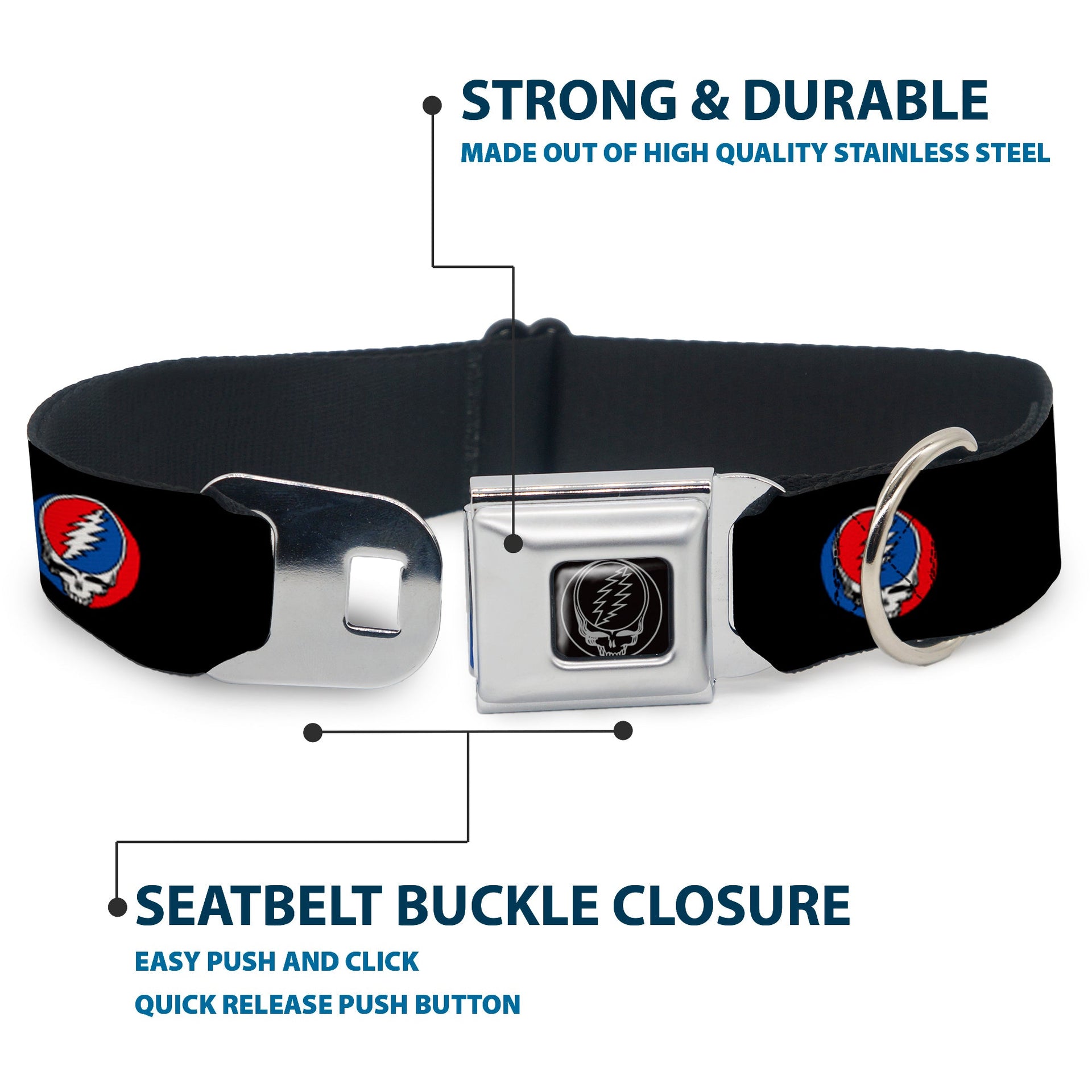 Grateful Dead Seatbelt Buckle Pet Collar | Black Steal Your Face (Steal Your Face Buckle)