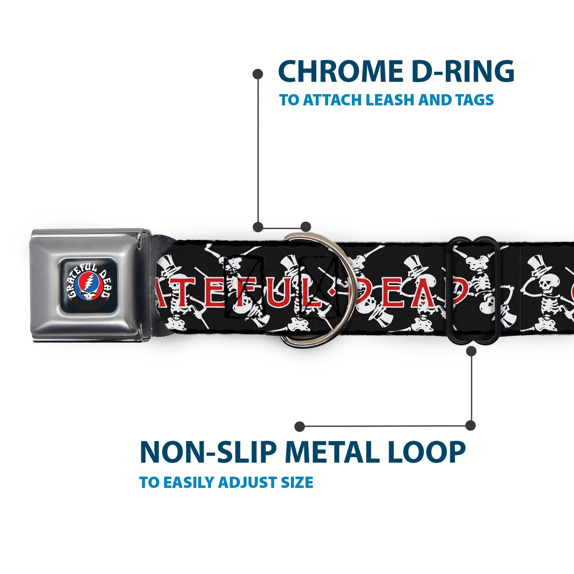 Grateful Dead Seatbelt Buckle Pet Collar | Black Text + Dancing Skeletons (Steal Your Face Collar)