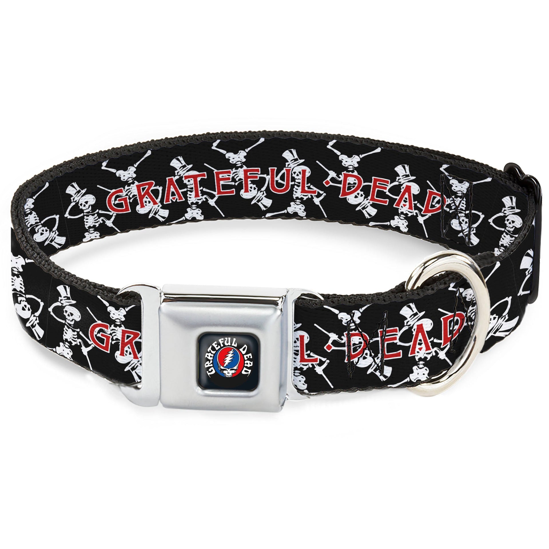 Grateful Dead Seatbelt Buckle Pet Collar | Black Text + Dancing Skeletons (Steal Your Face Collar)