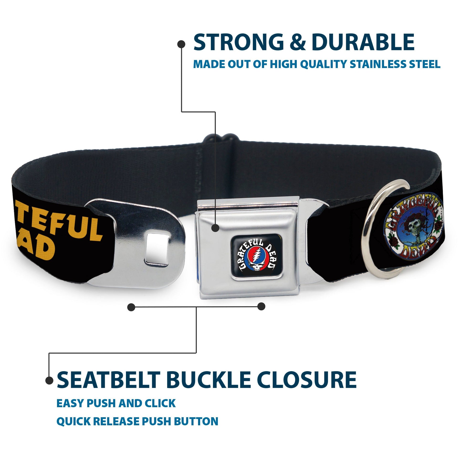Grateful Dead Seatbelt Buckle Pet Collar | Black/Yellow Text + Skull & Roses (Steal Your Face Buckle)