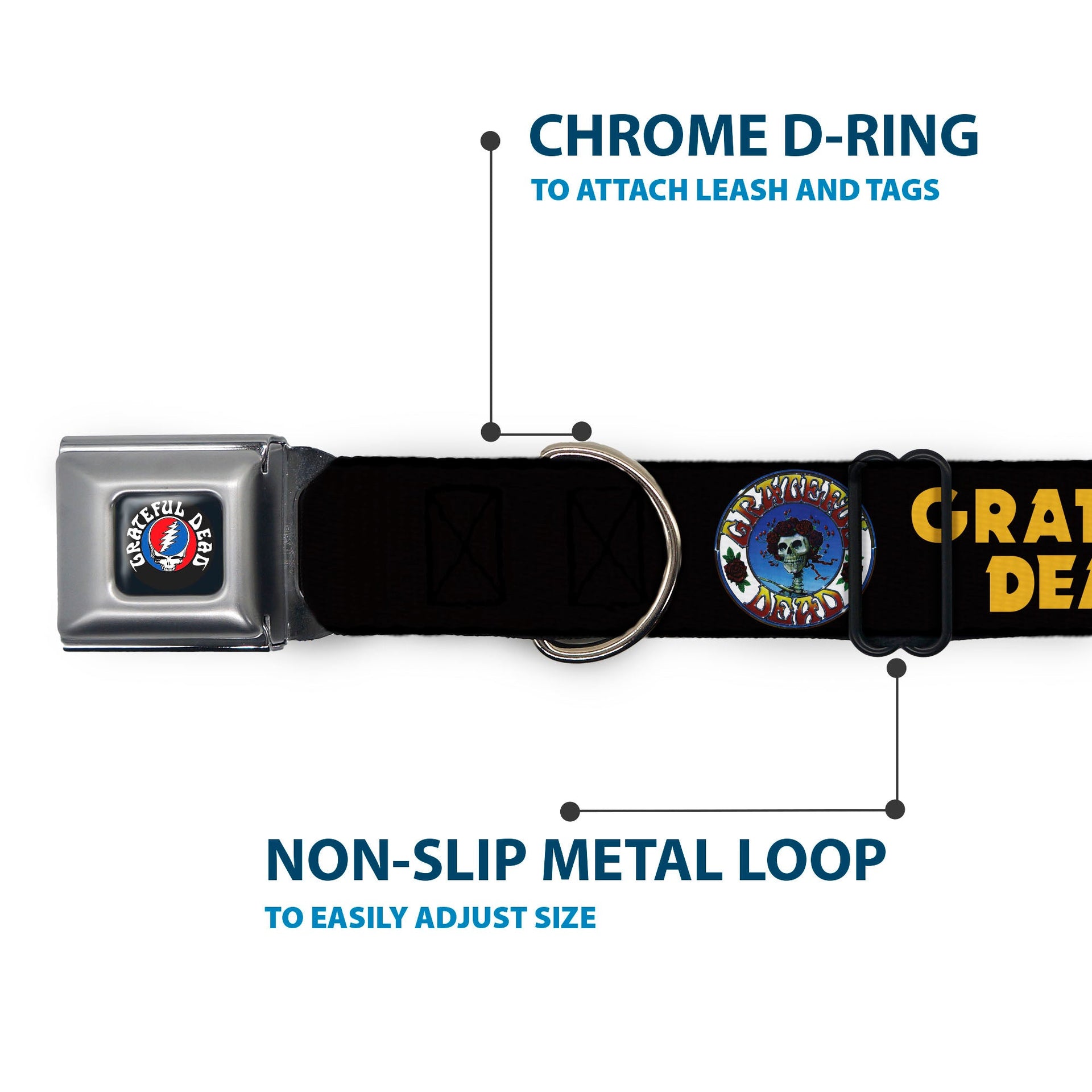Grateful Dead Seatbelt Buckle Pet Collar | Black/Yellow Text + Skull & Roses (Steal Your Face Buckle)