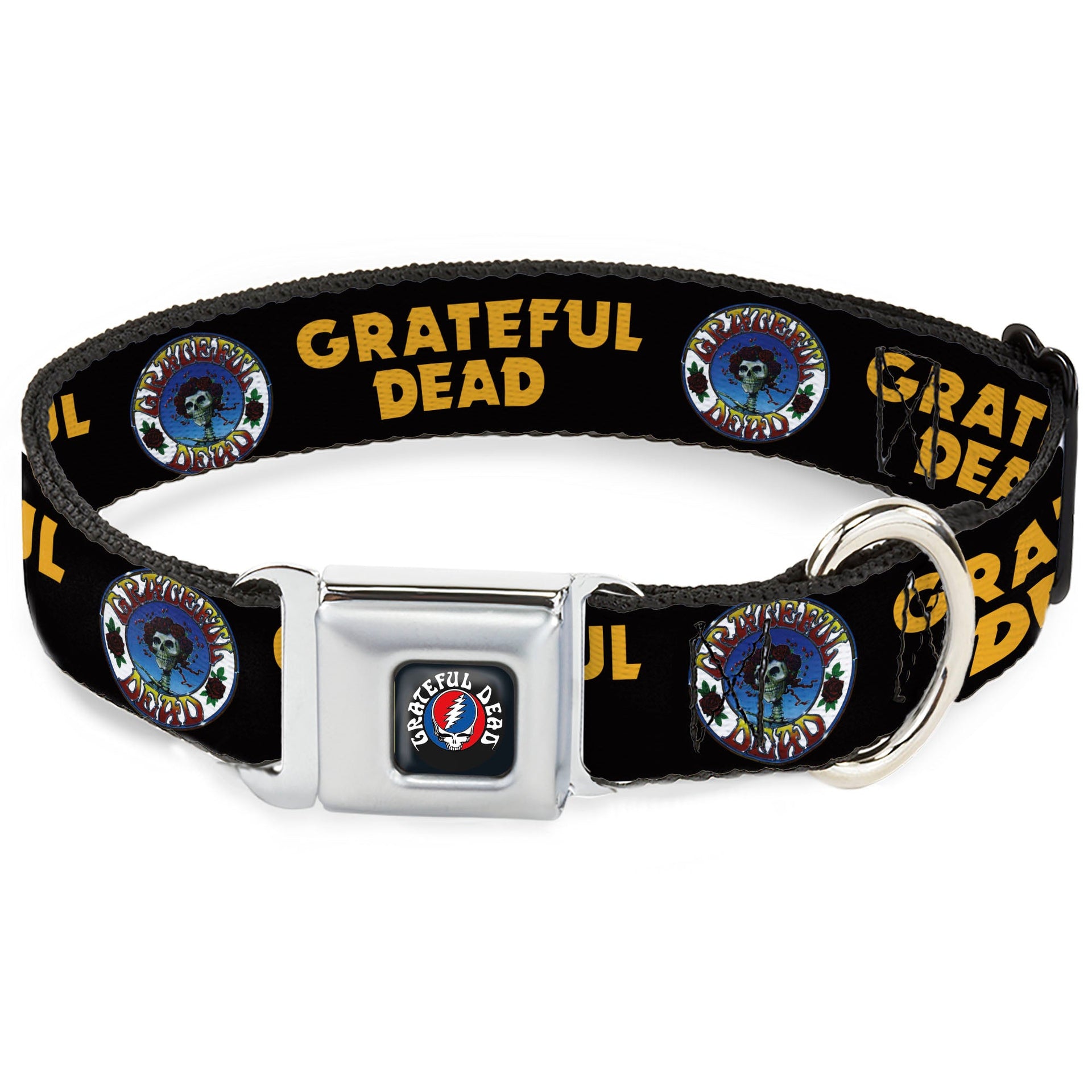Grateful Dead Seatbelt Buckle Pet Collar | Black/Yellow Text + Skull & Roses (Steal Your Face Buckle)