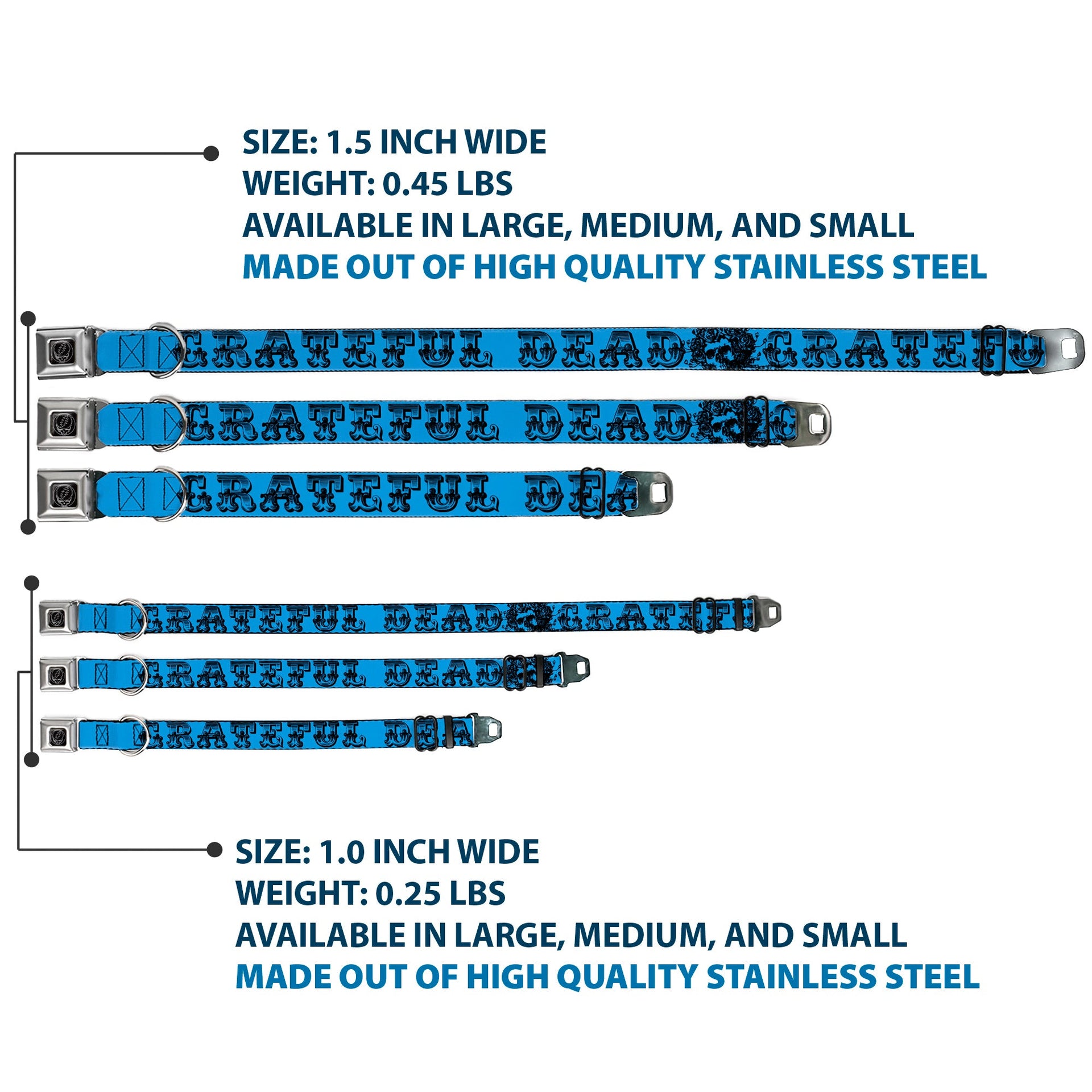 Grateful Dead Seatbelt Buckle Pet Collar | Blue/Black Text + Skull & Roses (Steal Your Face Buckle)