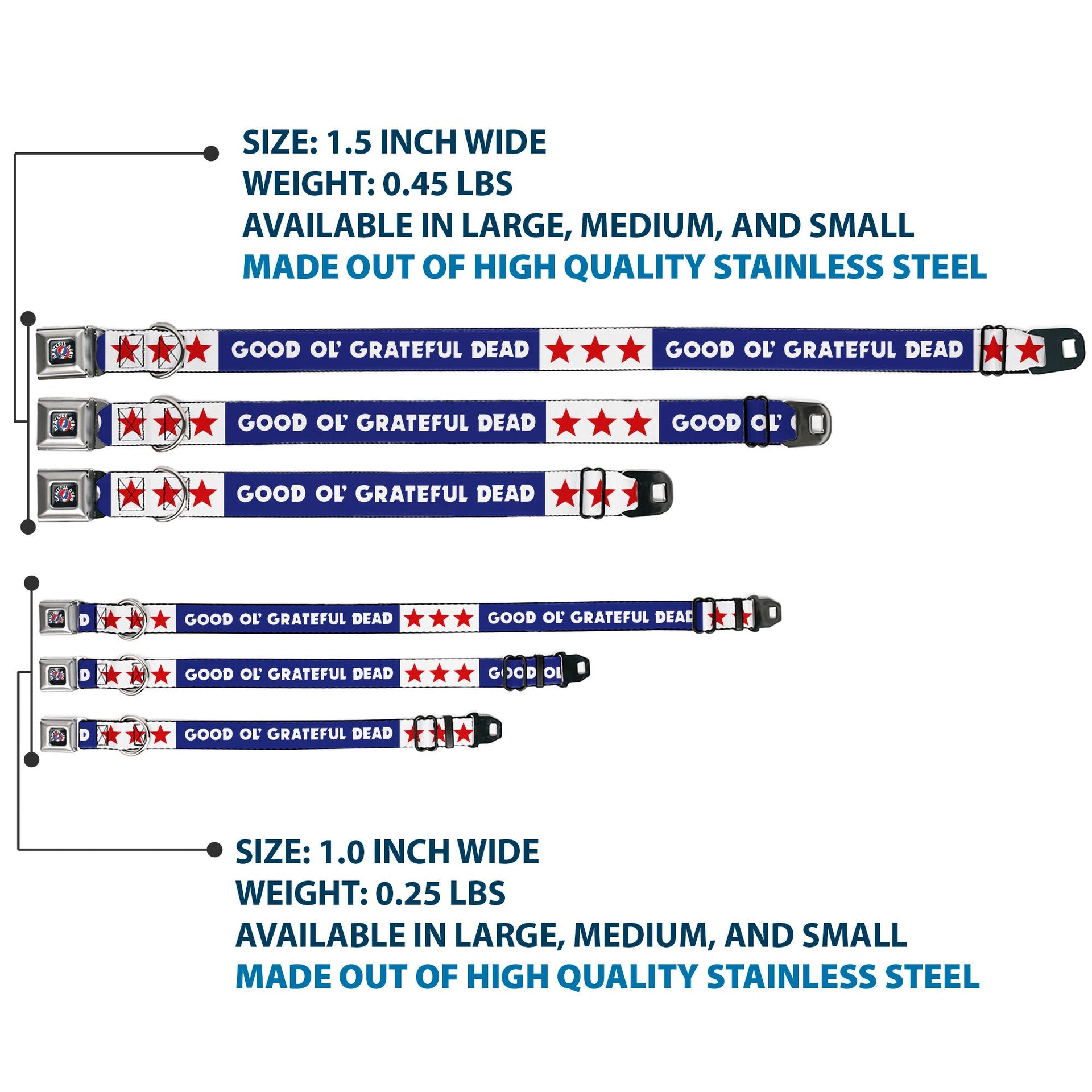 Grateful Dead Seatbelt Buckle Pet Collar | Blue/White "Good Ol' Grateful Dead" Text + Stars (Steal Your Face Buckle)