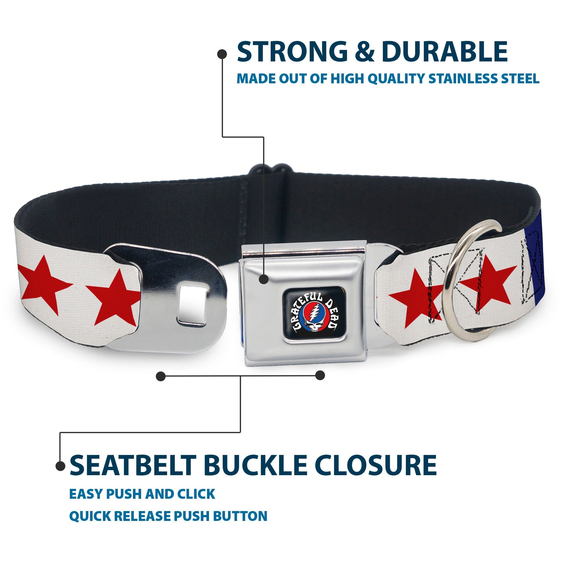Grateful Dead Seatbelt Buckle Pet Collar | Blue/White "Good Ol' Grateful Dead" Text + Stars (Steal Your Face Buckle)