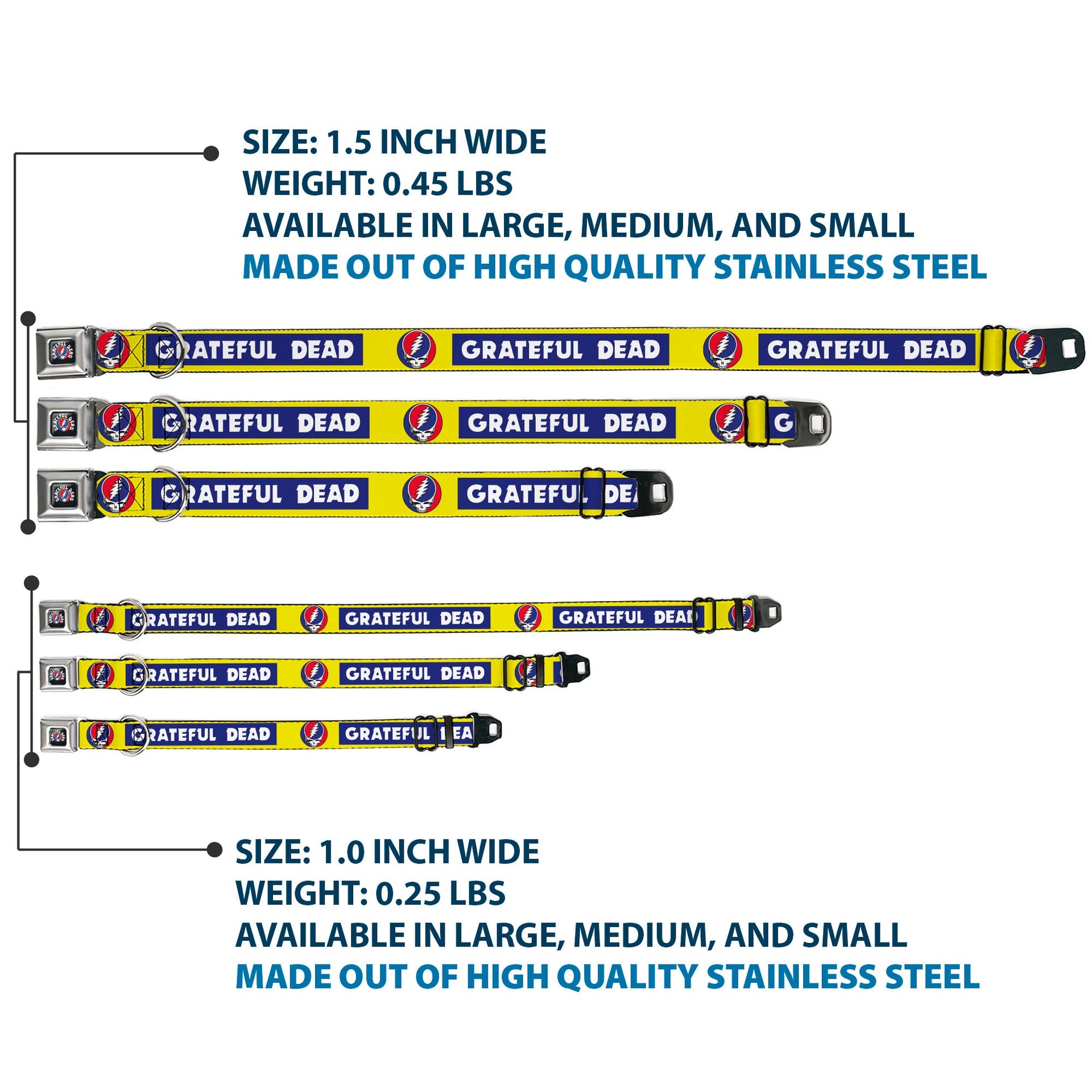 Grateful Dead Seatbelt Buckle Pet Collar | Blue/Yellow Text + Steal Your Face (Steal Your Face Buckle)