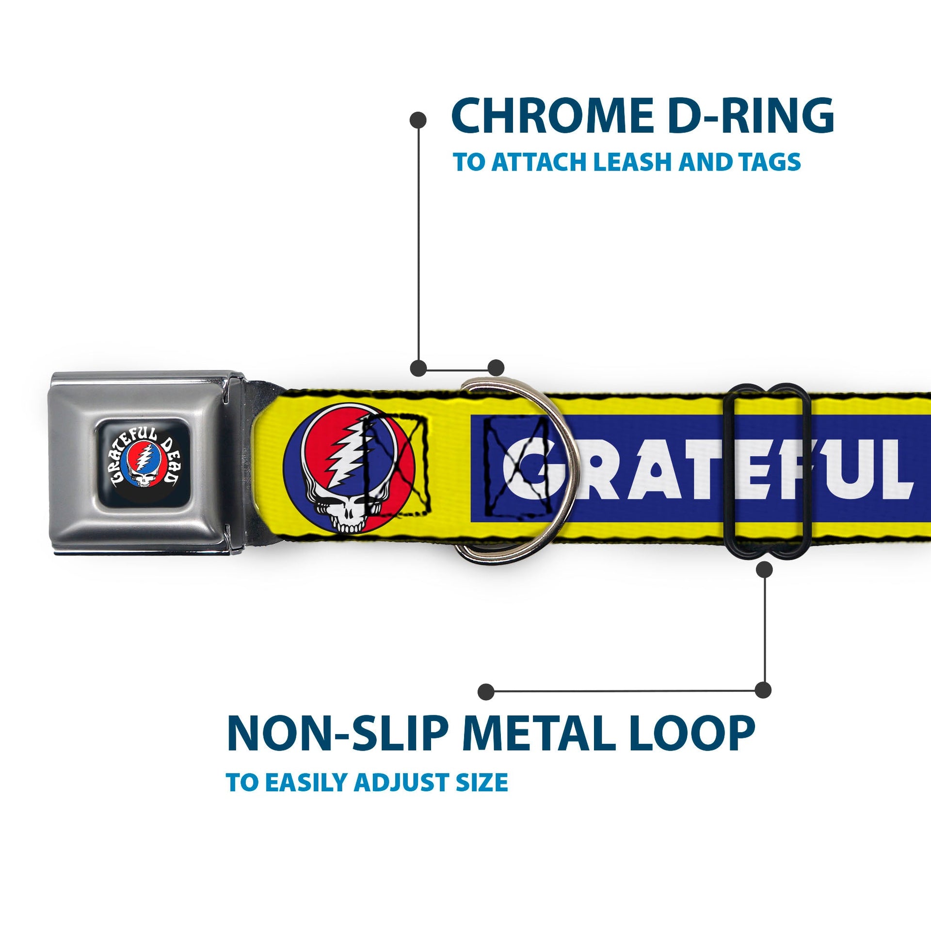 Grateful Dead Seatbelt Buckle Pet Collar | Blue/Yellow Text + Steal Your Face (Steal Your Face Buckle)