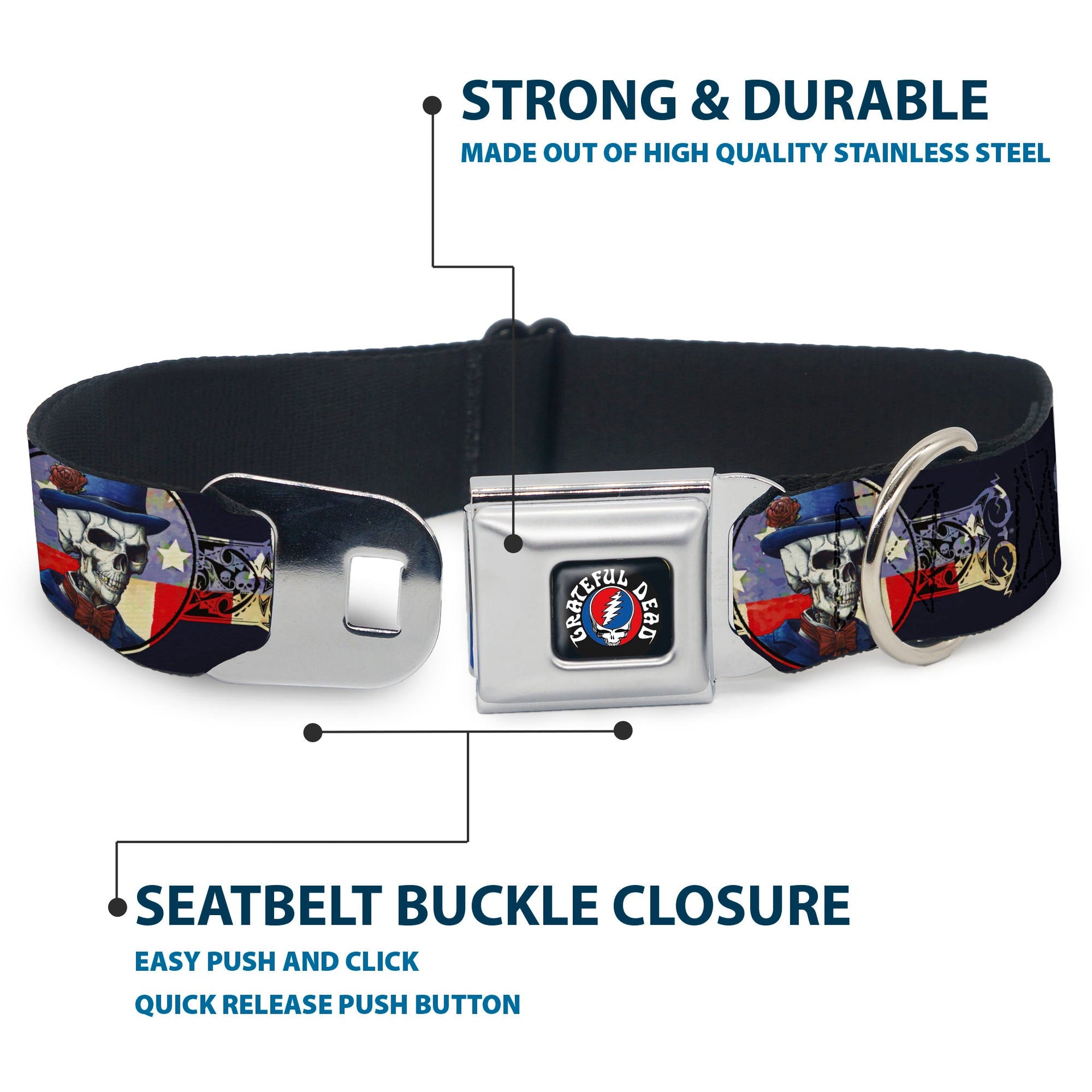 Grateful Dead Seatbelt Buckle Pet Collar | Dave's Picks Skeleton Art (Steal Your Face Buckle)