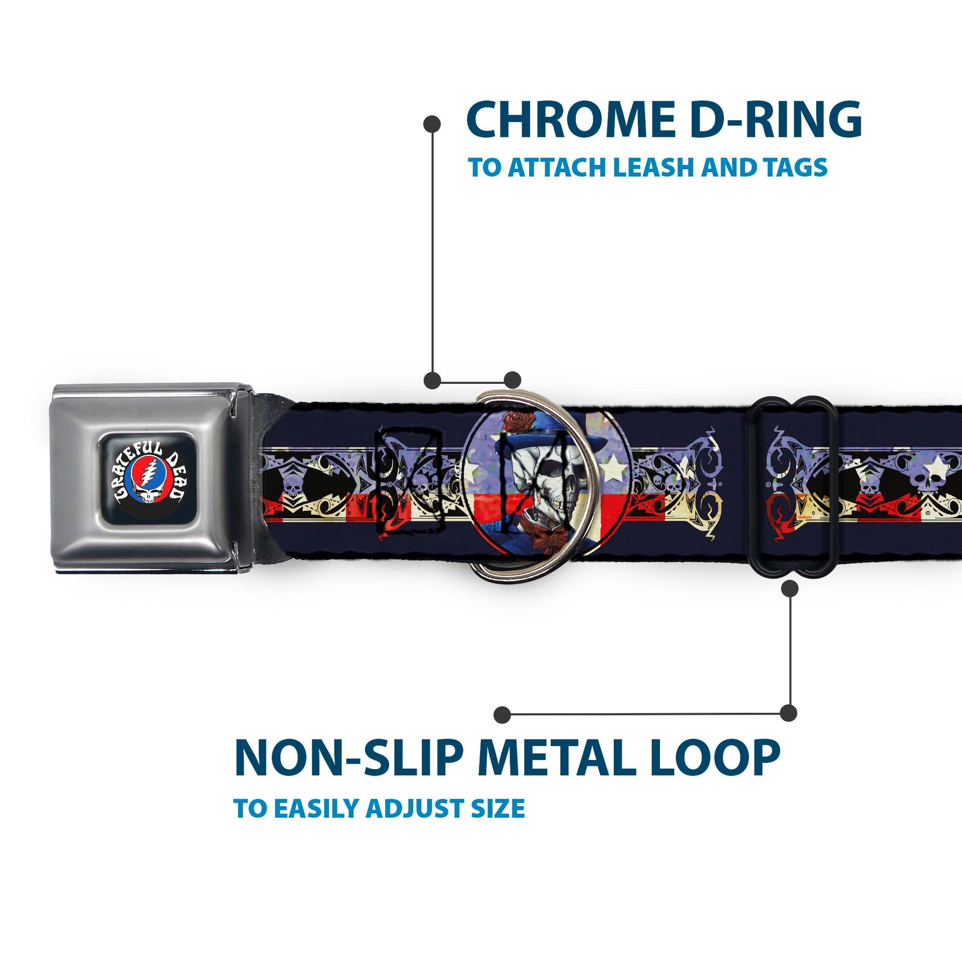 Grateful Dead Seatbelt Buckle Pet Collar | Dave's Picks Skeleton Art (Steal Your Face Buckle)