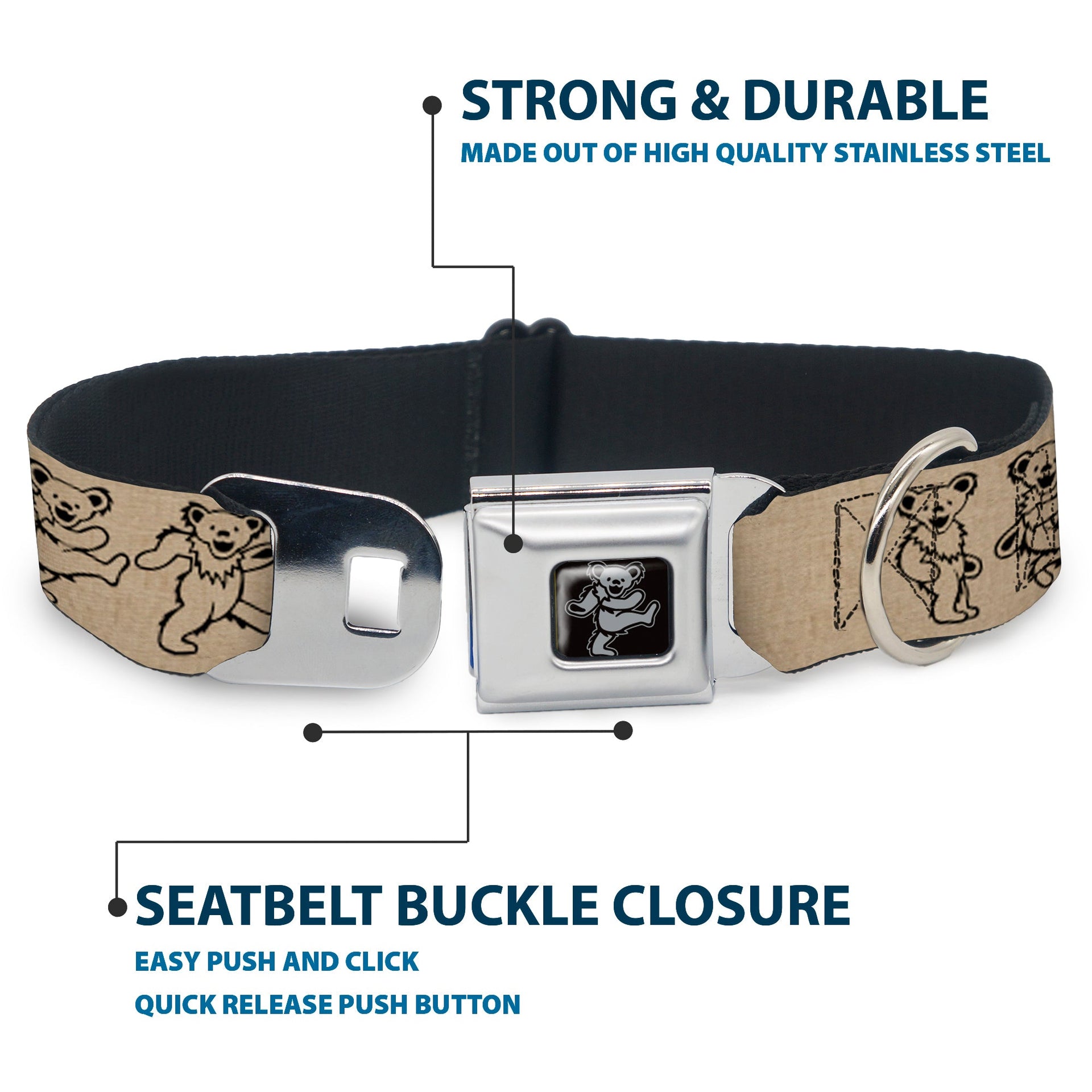 Grateful Dead Seatbelt Buckle Pet Collar | Hemp/Black Dancing Bears (Dancing Bear Buckle)