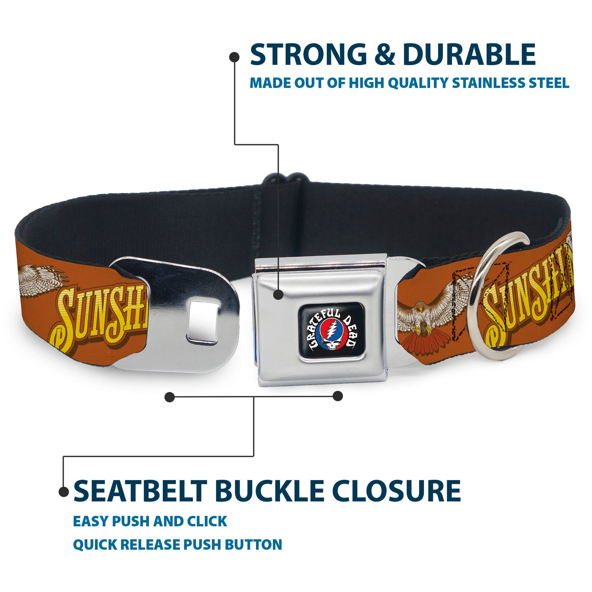 Grateful Dead Seatbelt Buckle Pet Collar | Orange Sunshine Daydream (Steal Your Face Buckle)