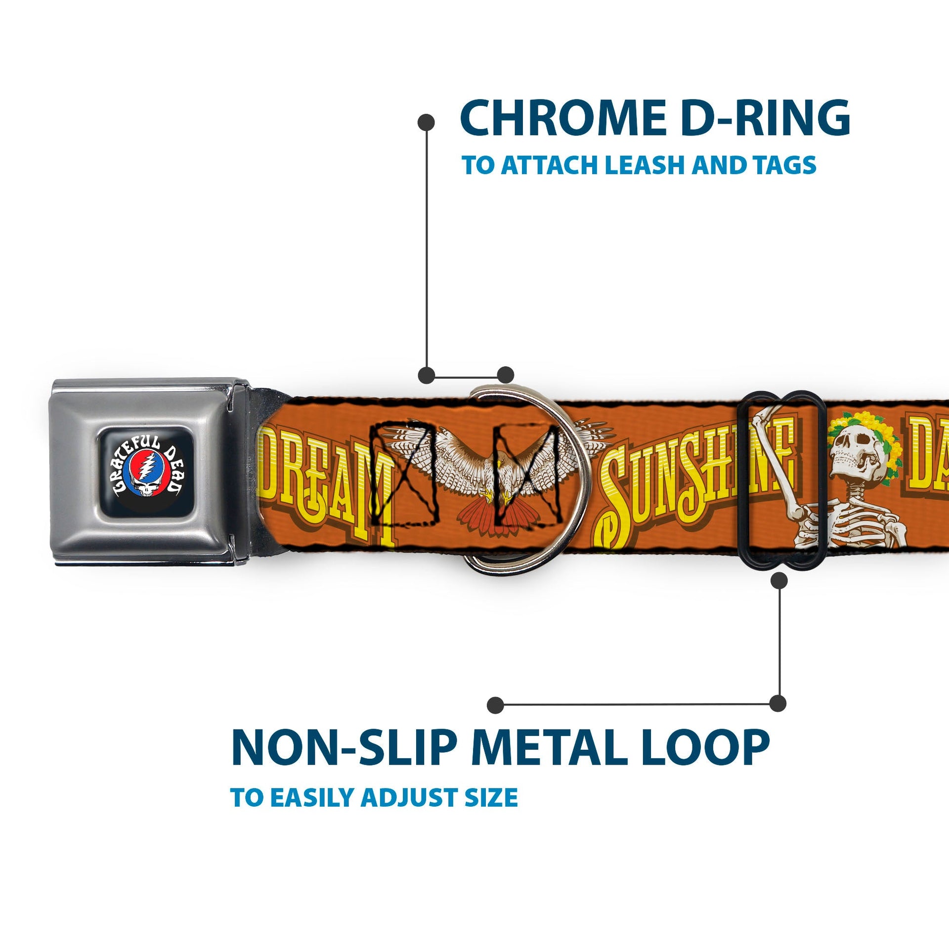 Grateful Dead Seatbelt Buckle Pet Collar | Orange Sunshine Daydream (Steal Your Face Buckle)
