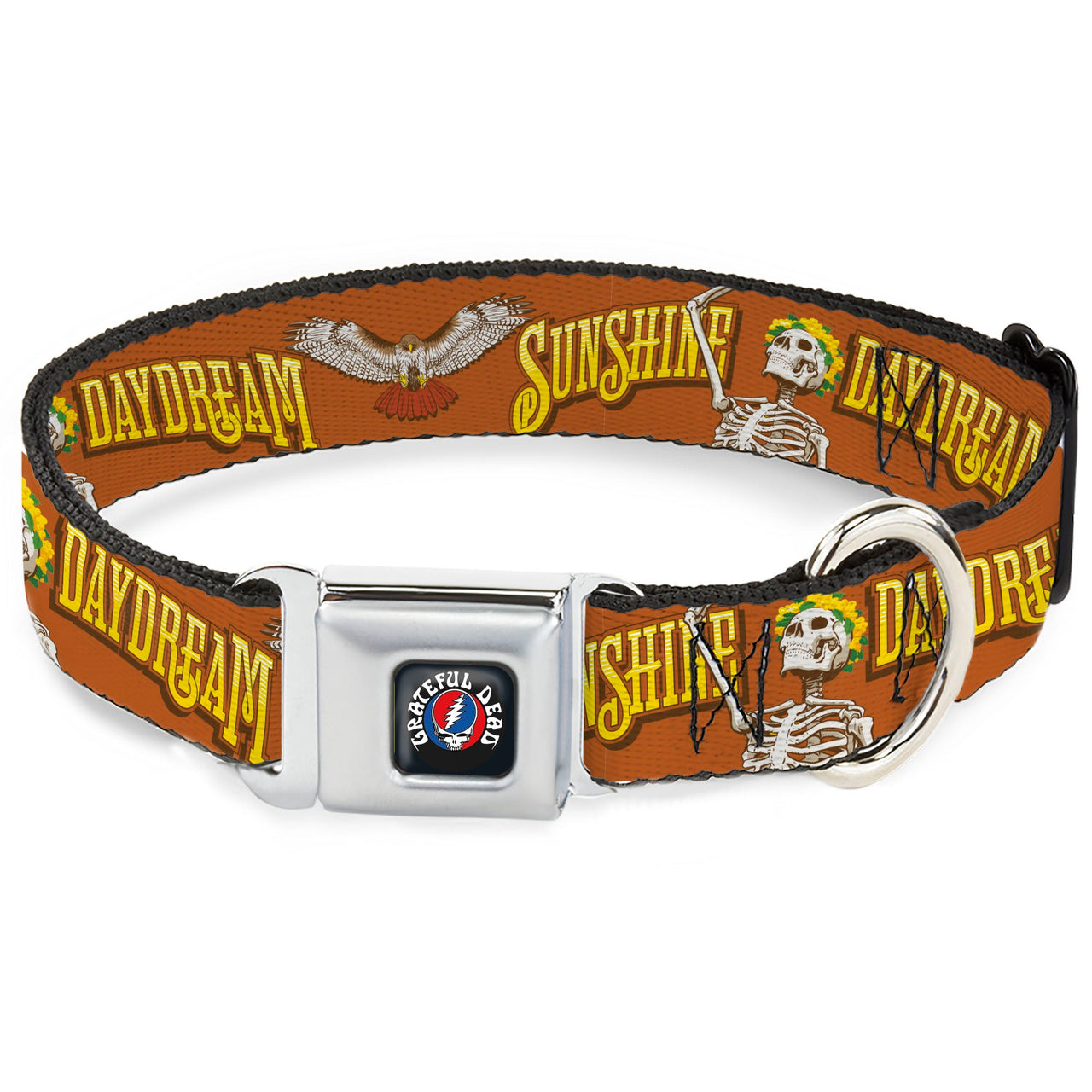 Grateful Dead Seatbelt Buckle Pet Collar | Orange Sunshine Daydream (Steal Your Face Buckle)