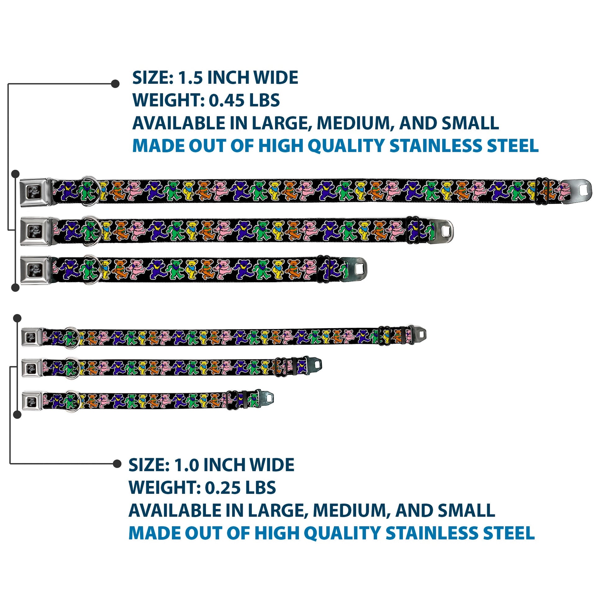 Grateful Dead Seatbelt Buckle Pet Collar | Rainbow Dancing Bears (Dancing Bear Buckle)