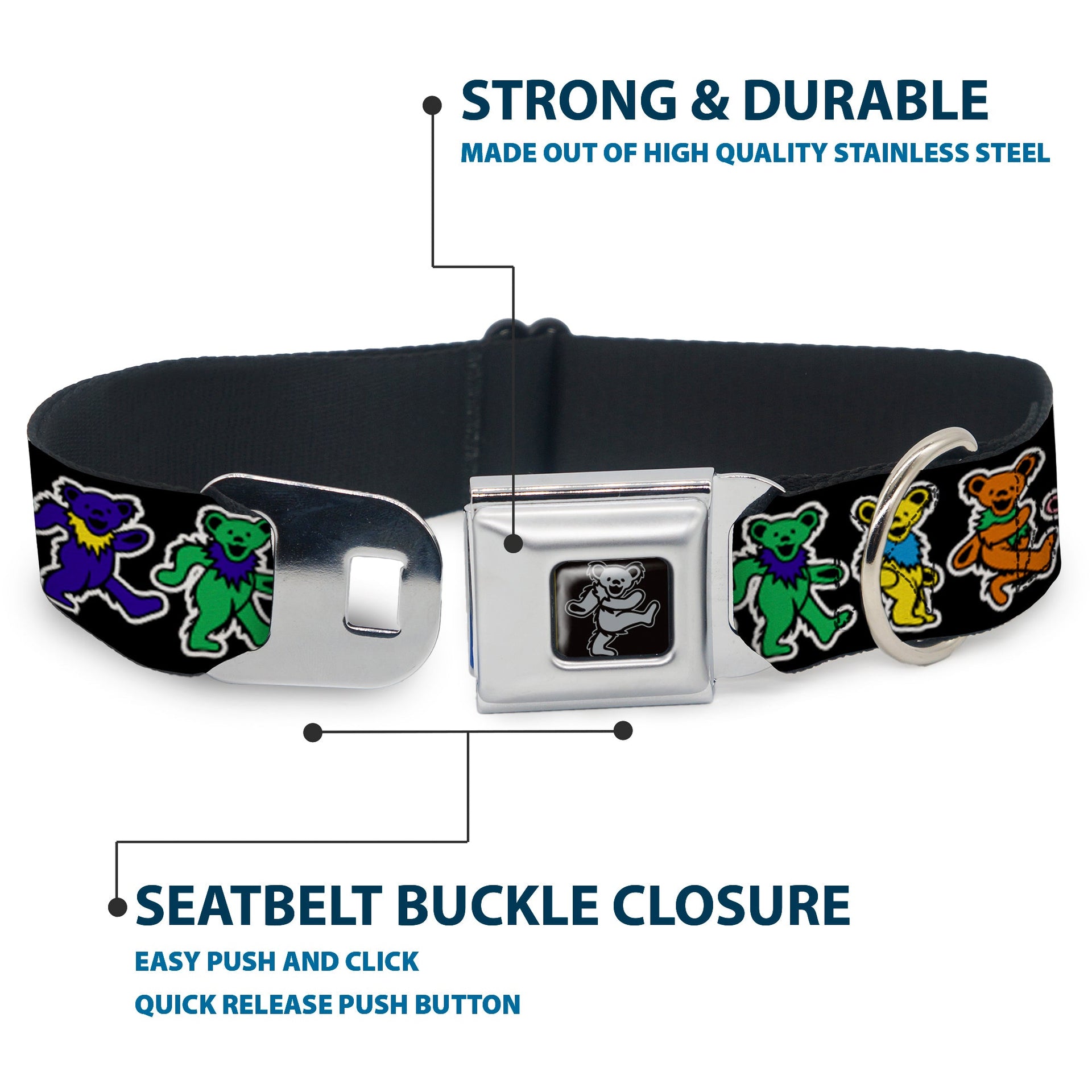 Grateful Dead Seatbelt Buckle Pet Collar | Rainbow Dancing Bears (Dancing Bear Buckle)