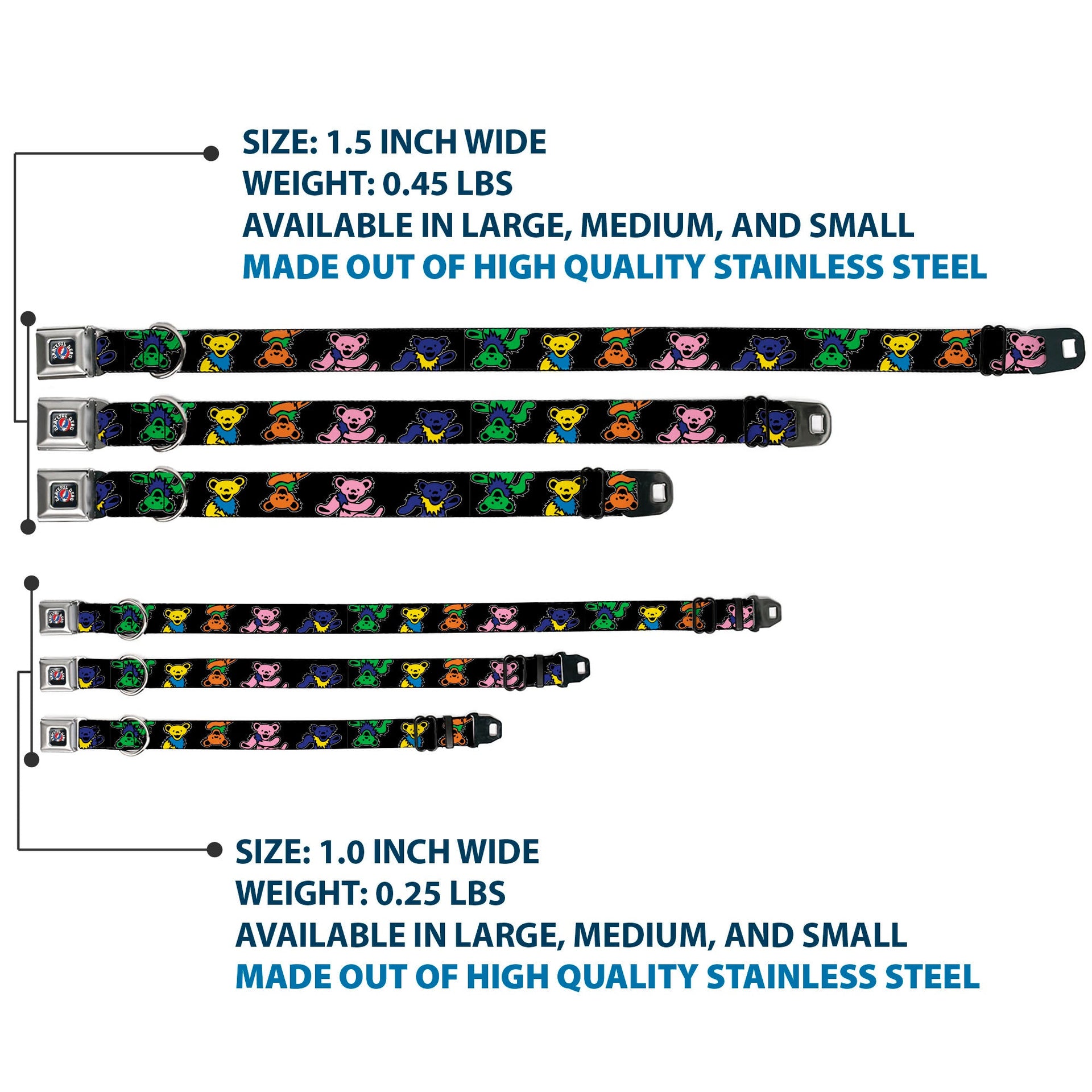Grateful Dead Seatbelt Buckle Pet Collar | Rainbow Dancing Bears (Steal Your Face Buckle)
