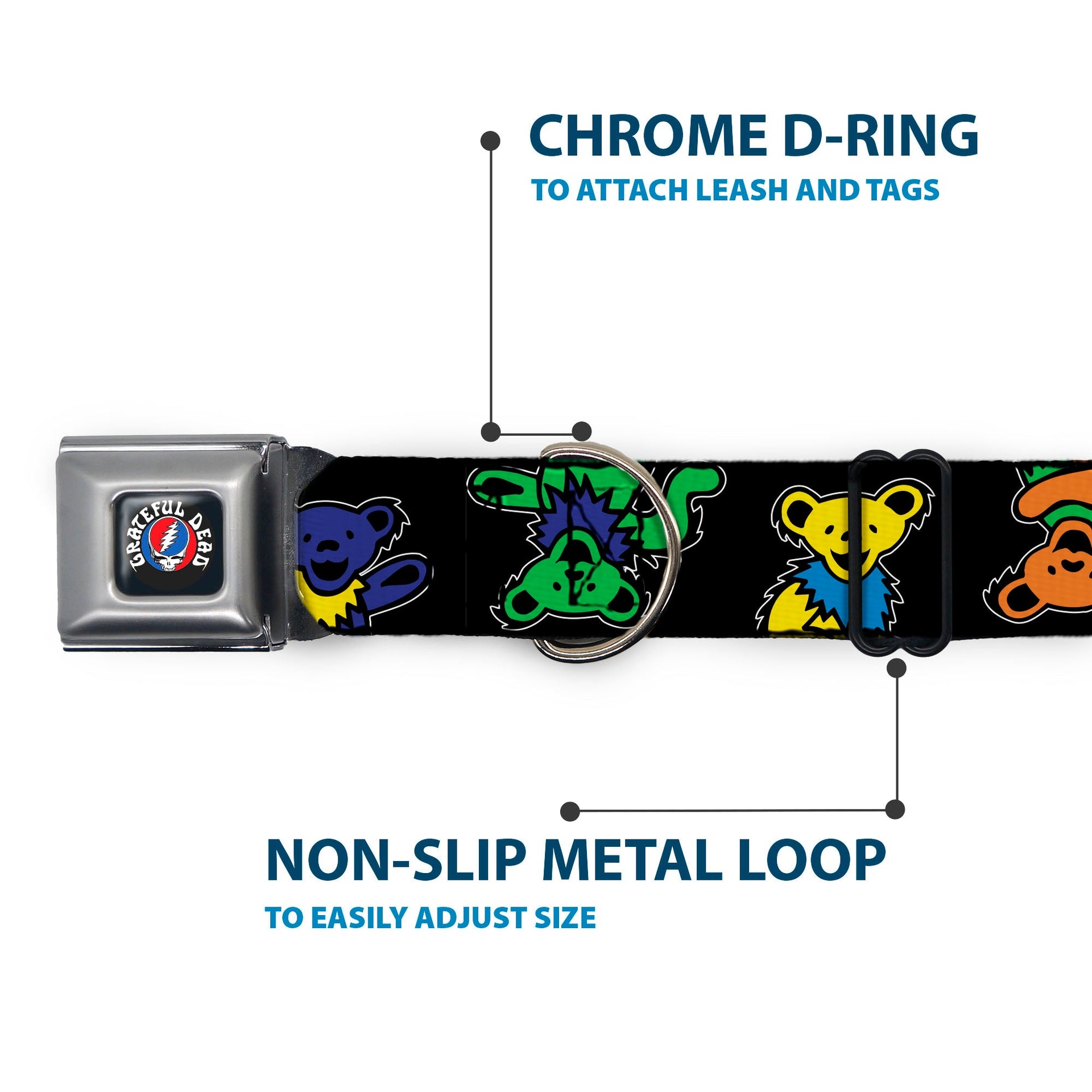 Grateful Dead Seatbelt Buckle Pet Collar | Rainbow Dancing Bears (Steal Your Face Buckle)
