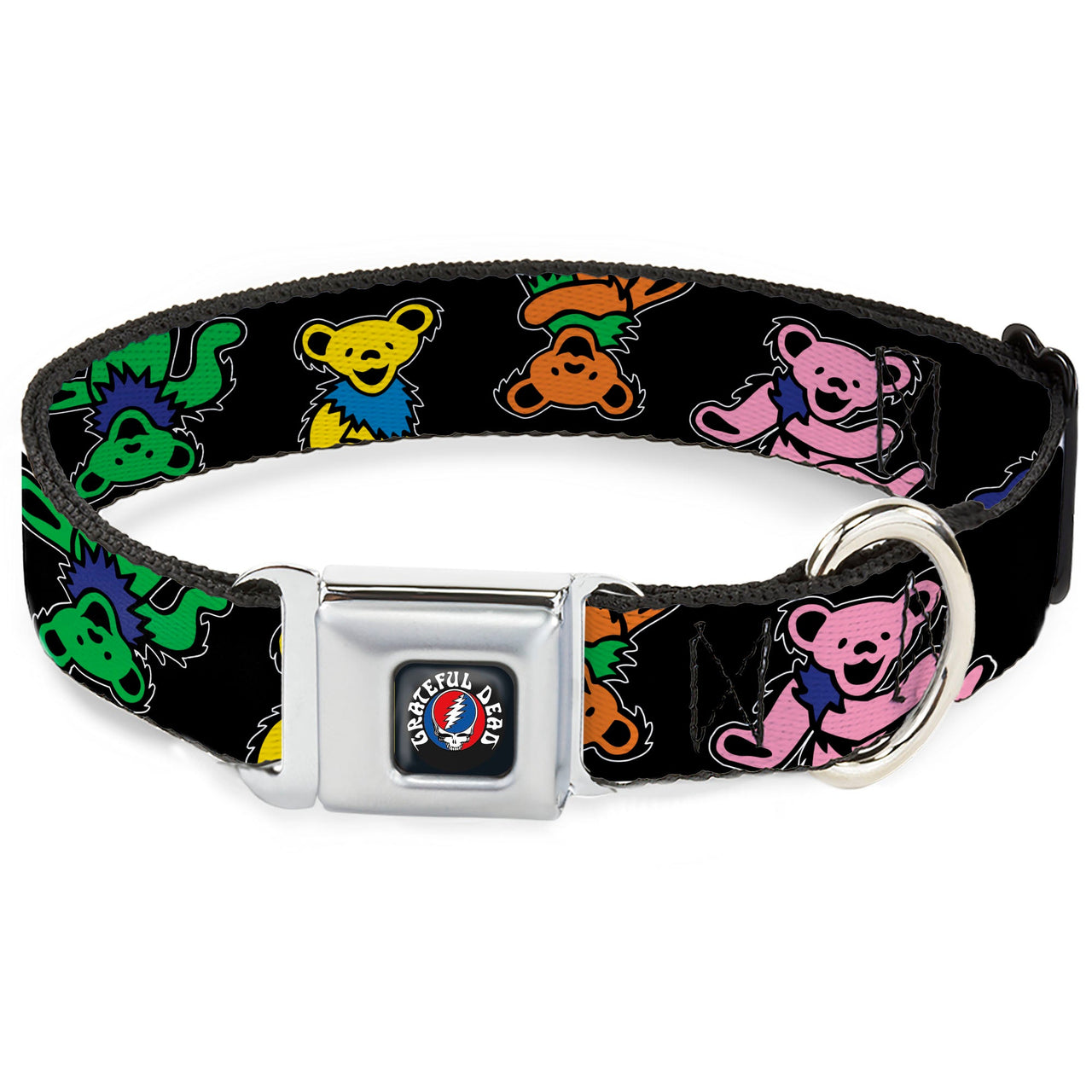 Grateful Dead Seatbelt Buckle Pet Collar | Rainbow Dancing Bears (Steal Your Face Buckle)