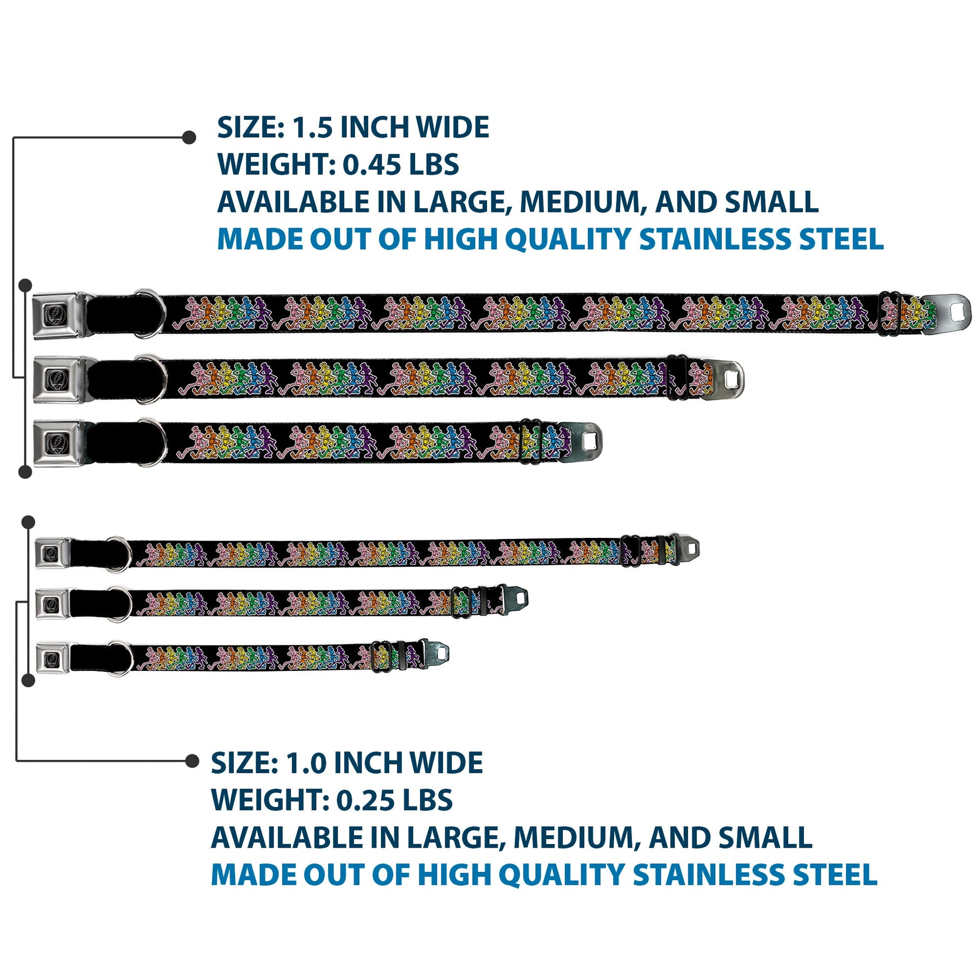 Grateful Dead Seatbelt Buckle Pet Collar | Rainbow Dancing Skeletons (Steal Your Face Buckle)